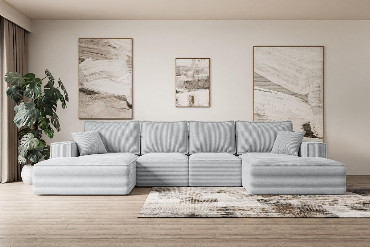 WOHNLANDSCHAFT mit Schlaffunktion und Bettkasten SIERRA-U-S - 349x161x87 cm Grau Cord - Schwarz/Grau, Holzwerkstoff/Kunststoff (349/87/161cm) - ALTDECOR