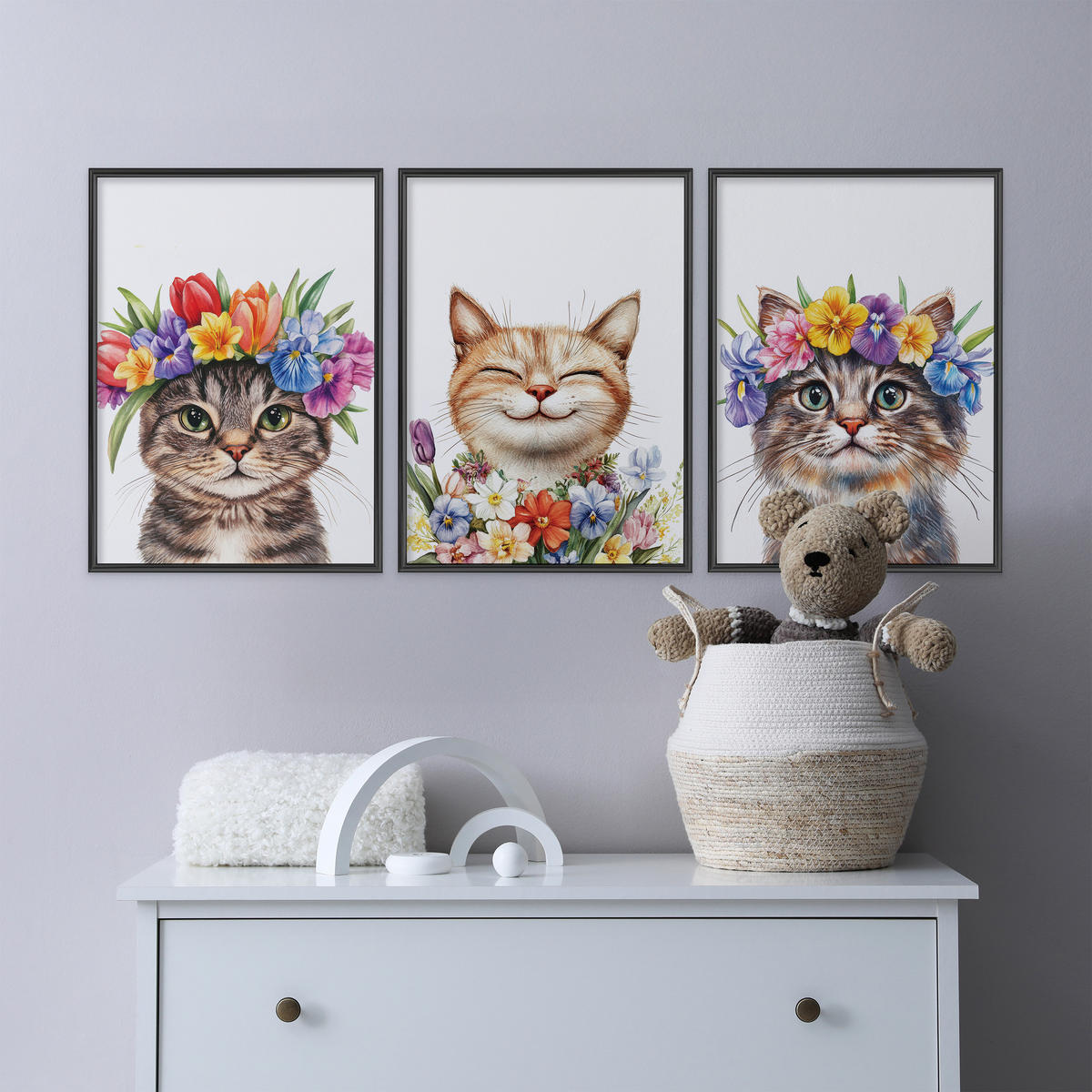 POSTER SET für Kinderzimmer KATZEN Blumen Tiere Pflanzen 3x Poster A3 30x42cm - Beige/Rot, Papier (30/42/1cm) - Muralo