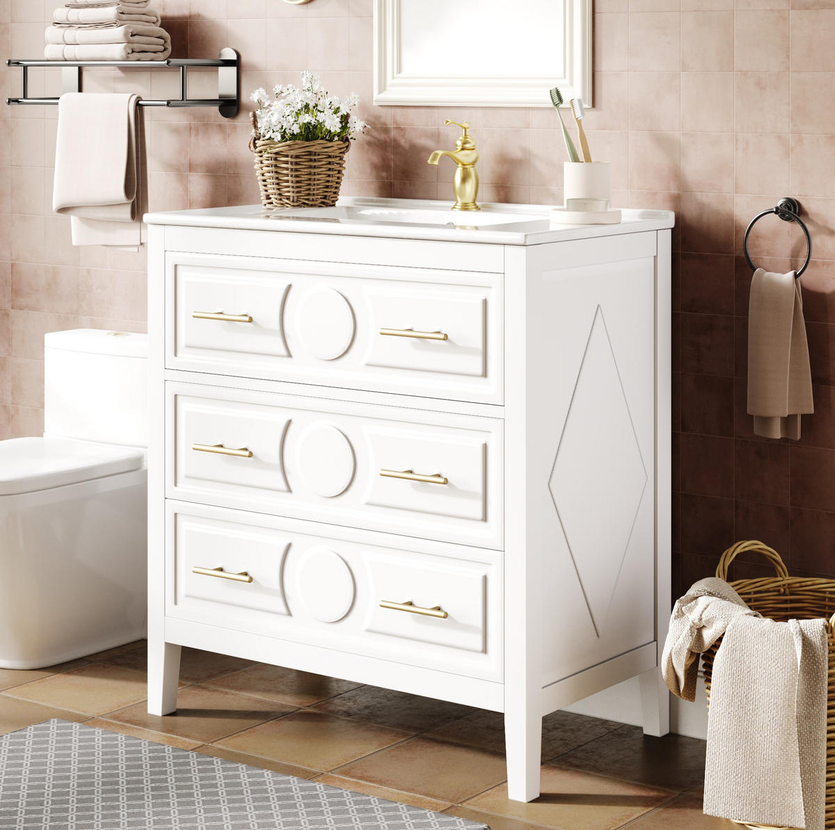 BADEZIMMERUNTERSCHRANK aus MDF 81x46,5x86,5 cm Weiß mit Keramikbecken, 3 Schubladen und Soft-Close - Weiß, Holzwerkstoff (81/86.5/46.5cm) - Modfu