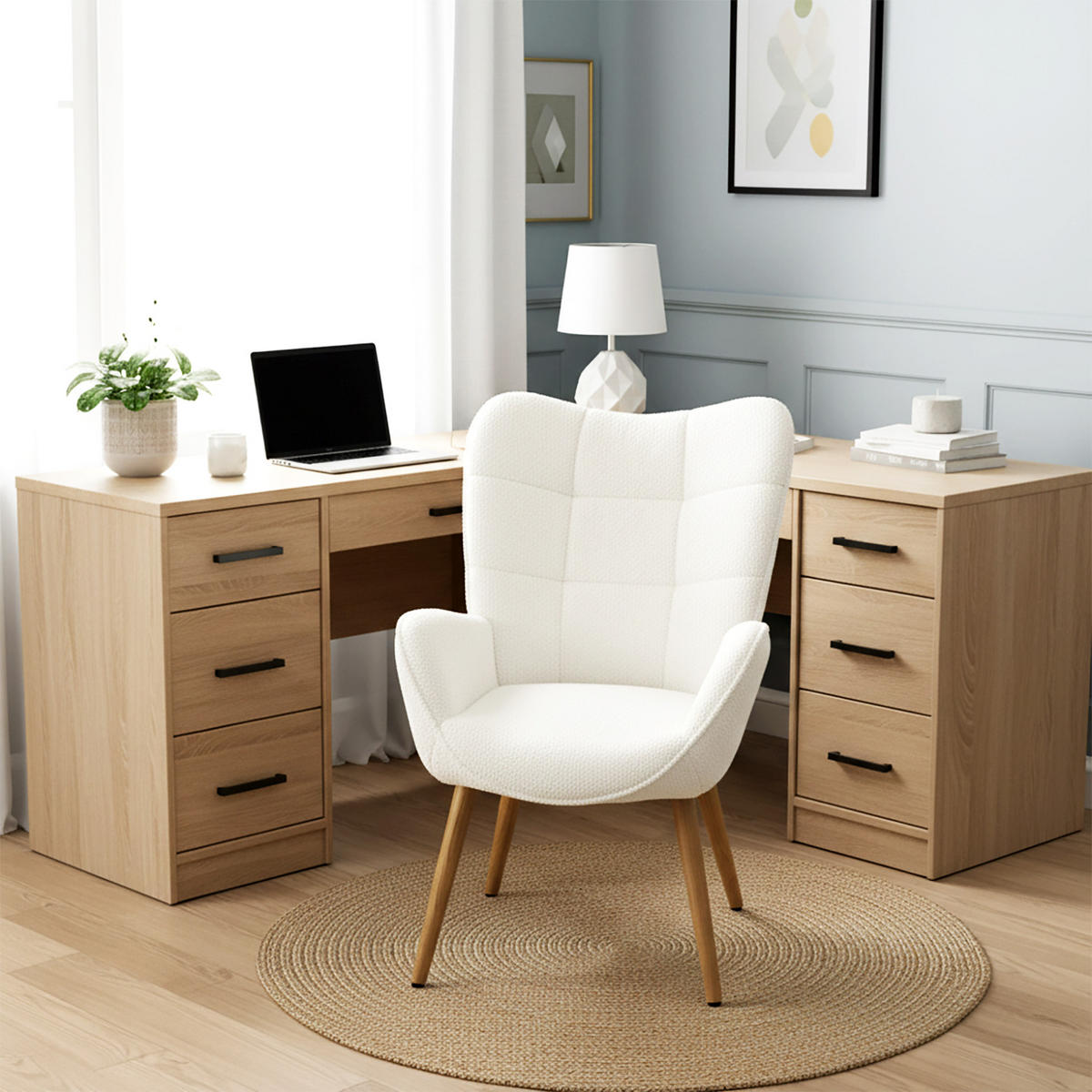 SESSEL, skandinavisch, gepolstert, Bouclé-Bezug in Beige, Metallbeine in Holzoptik - Grau, Textil/Metall (42/73/50cm) - Meubles Cosy