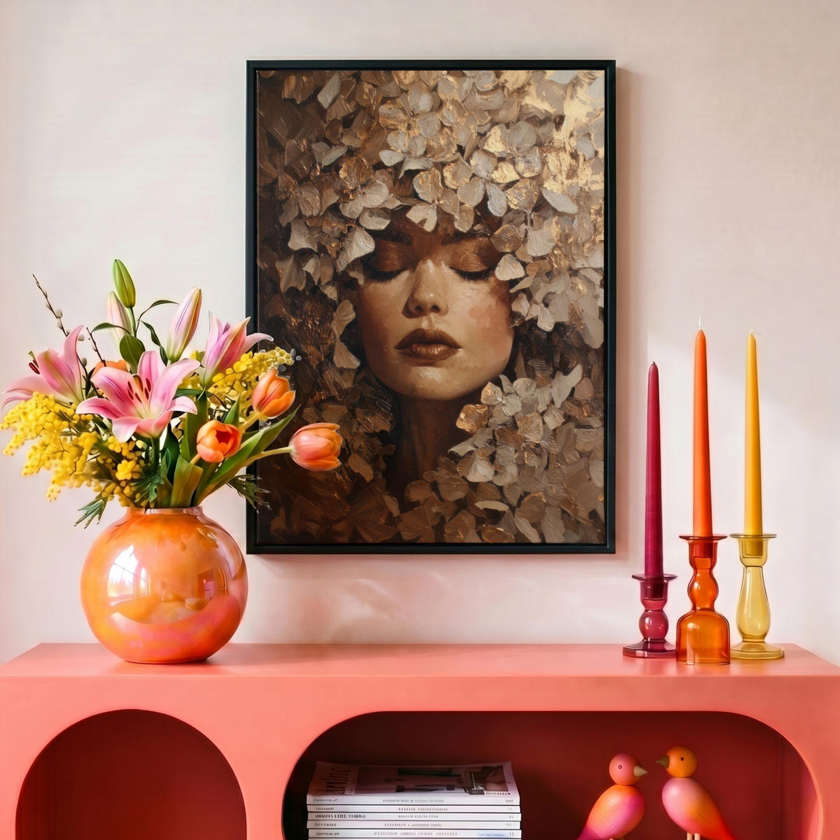 LEINWAND Bilder mit Rahmen - Gesicht - Dame - Blätter - Pinselstriche - 30x40 - Goldfarben, Textil (30/40cm) - MuchoWow