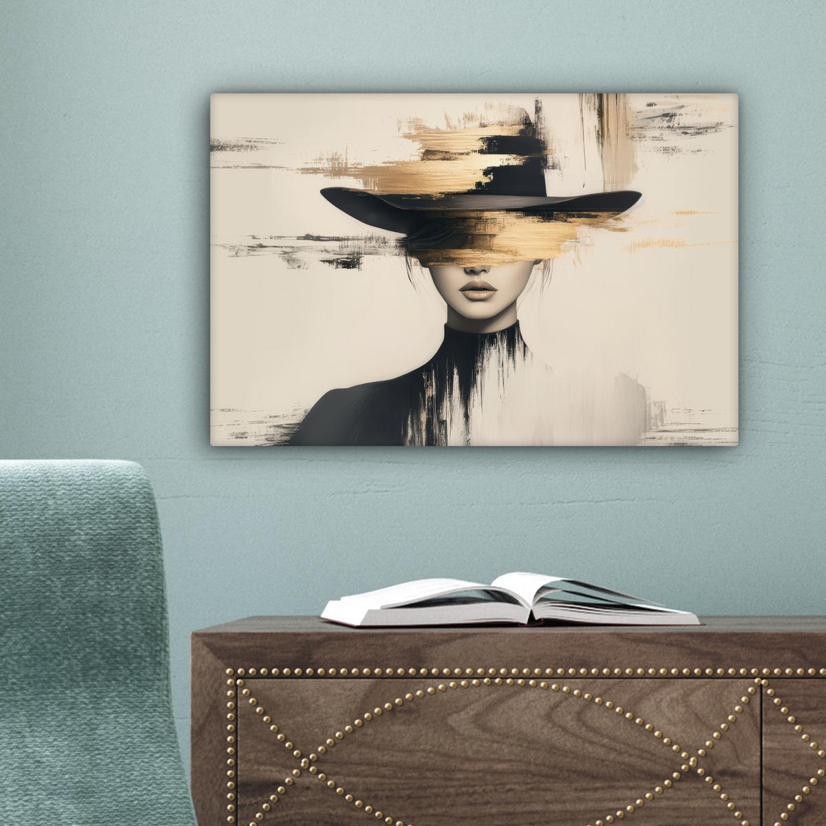 LEINWANDBILD Frau - Hut - Farbe 30x20 cm - Goldfarben, Textil (30/20cm) - MuchoWow