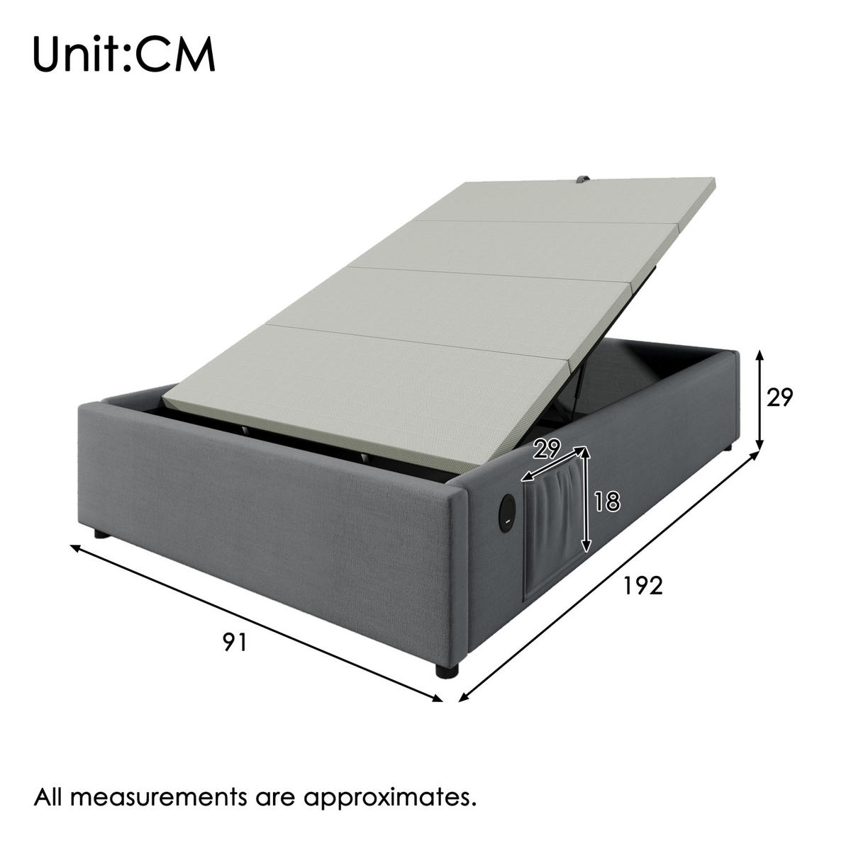 POLSTERBETT 90/190 cm mit hydraulischem Bettkasten & USB/Type-C, ohne Kopfteil, Grau - Grau, Textil (90/190cm) - Redom