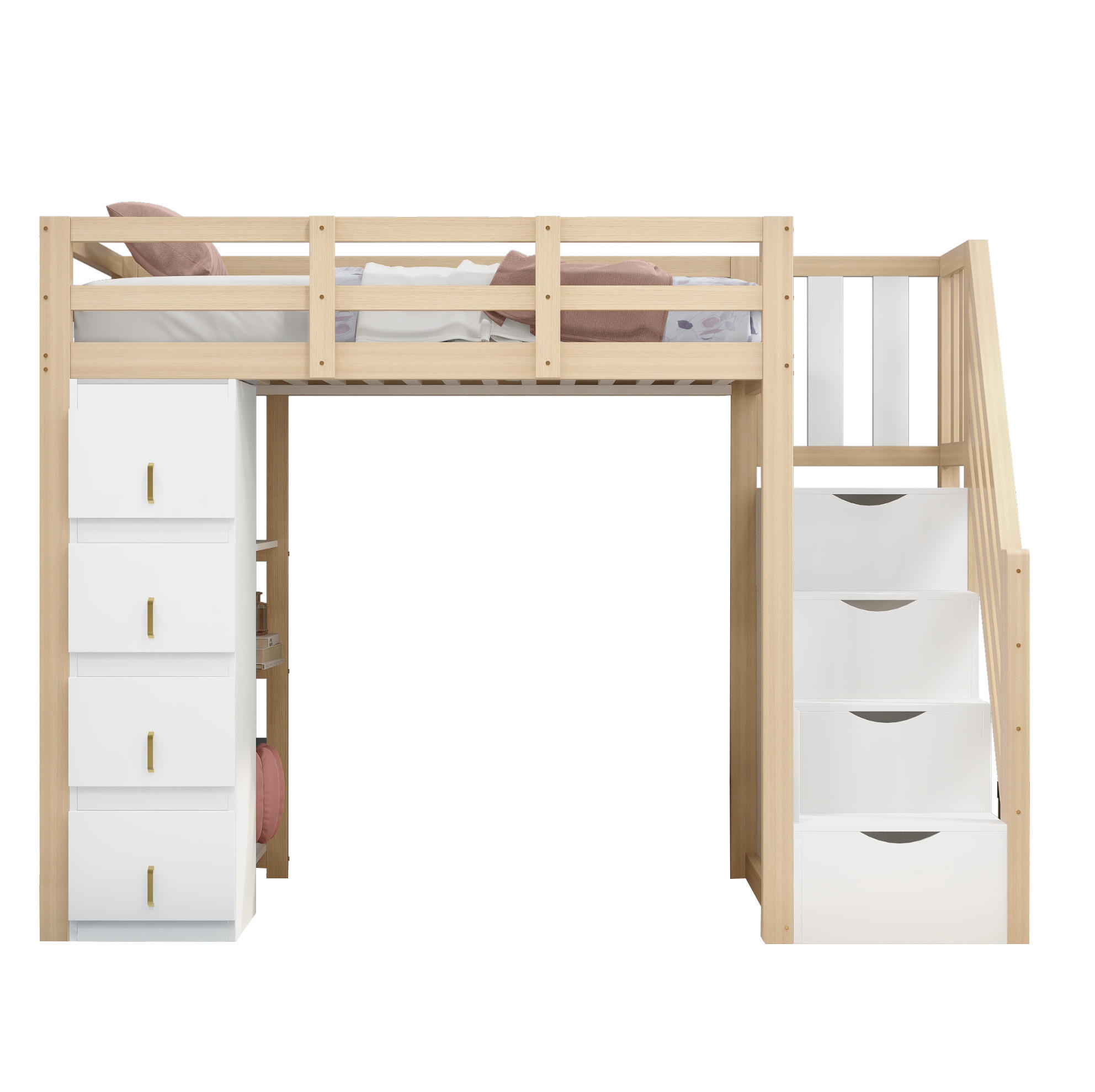 HOCHBETT 90/200 cm aus Massivholz mit Stauraumschubladen und Regal mit Matratze - Weiß, Holzwerkstoff (90/200cm) - OKWISH