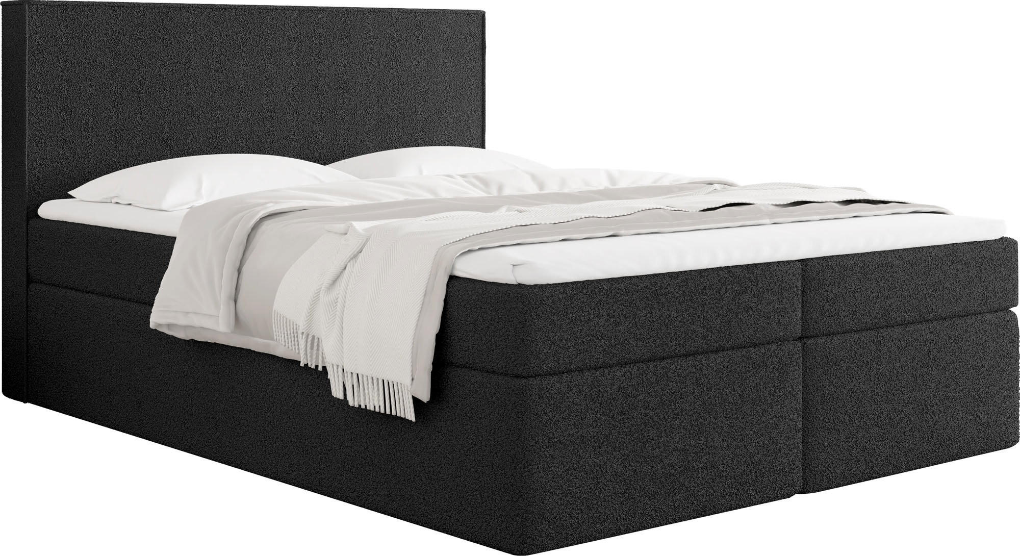BOXBETT Terra mit Bettkasten, Boucle Schwarz 180/200 cm – 7-Zonen Taschenfederkern-Matratze & Komfortschaum-Topper - Schwarz, Holz/Holzwerkstoff (180/200cm) - WFL GROUP