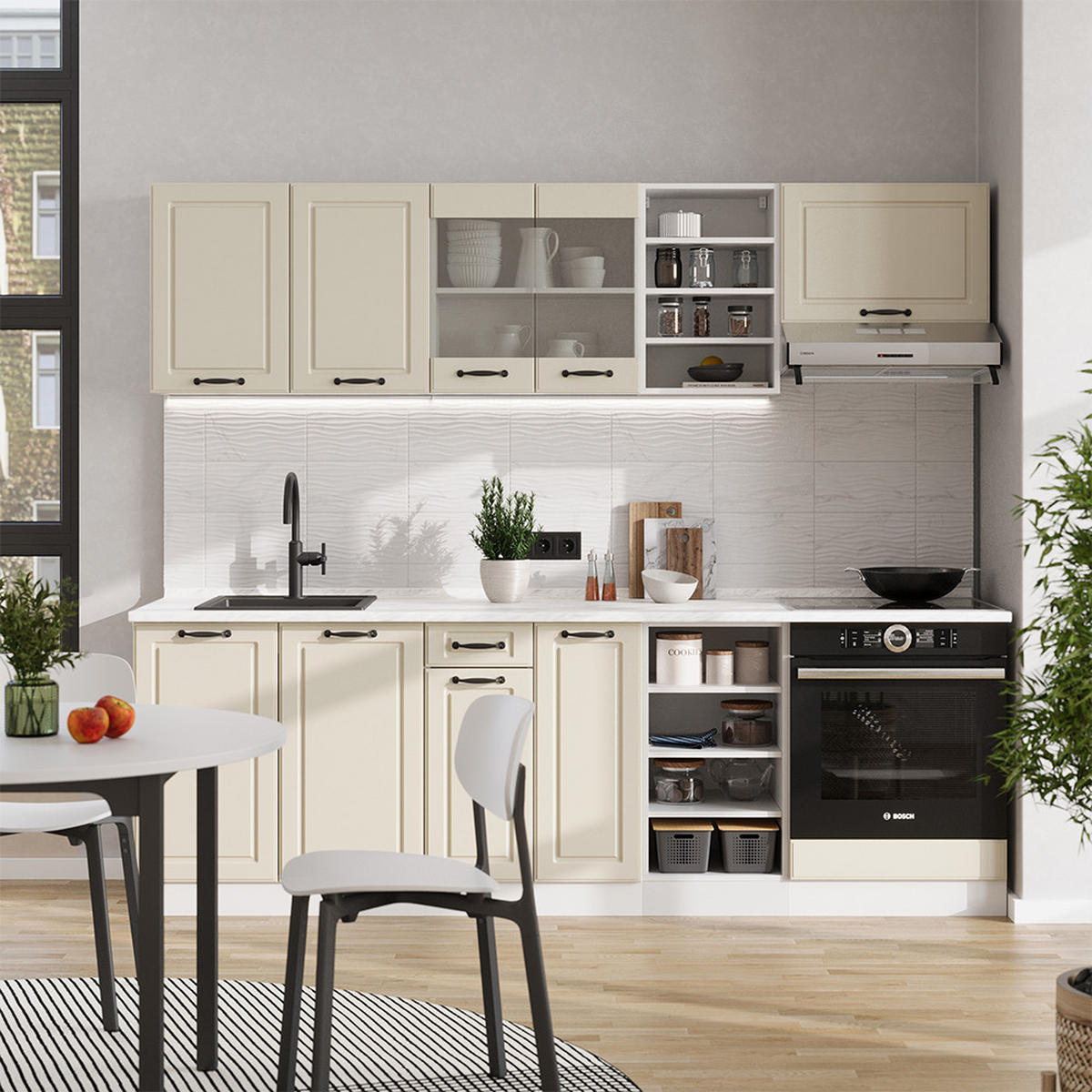 KÜCHENZEILE R-Line, Sand Landhaus/Weiß, 240 cm ohne Arbeitsplatte - Beige/Weiß, Holzwerkstoff (240/206.8/46cm) - Vicco