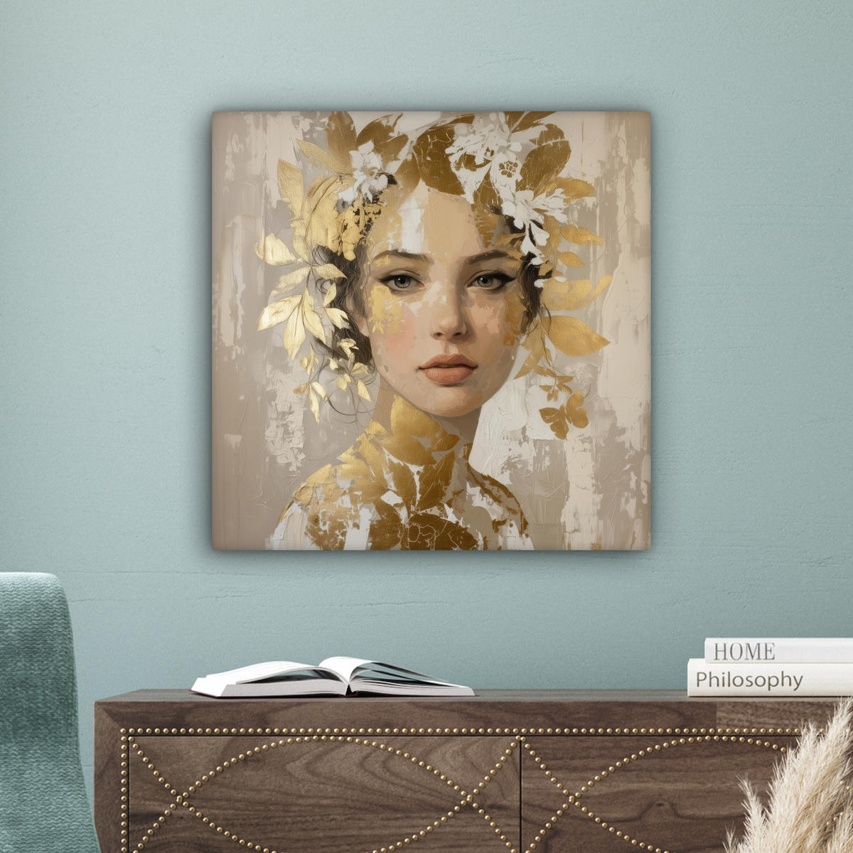 LEINWANDBILD Gesicht - Frau - Blätter - Gold Wandbild Wohnzimmer 50x50 cm - Beige, Textil (50/50cm) - MuchoWow