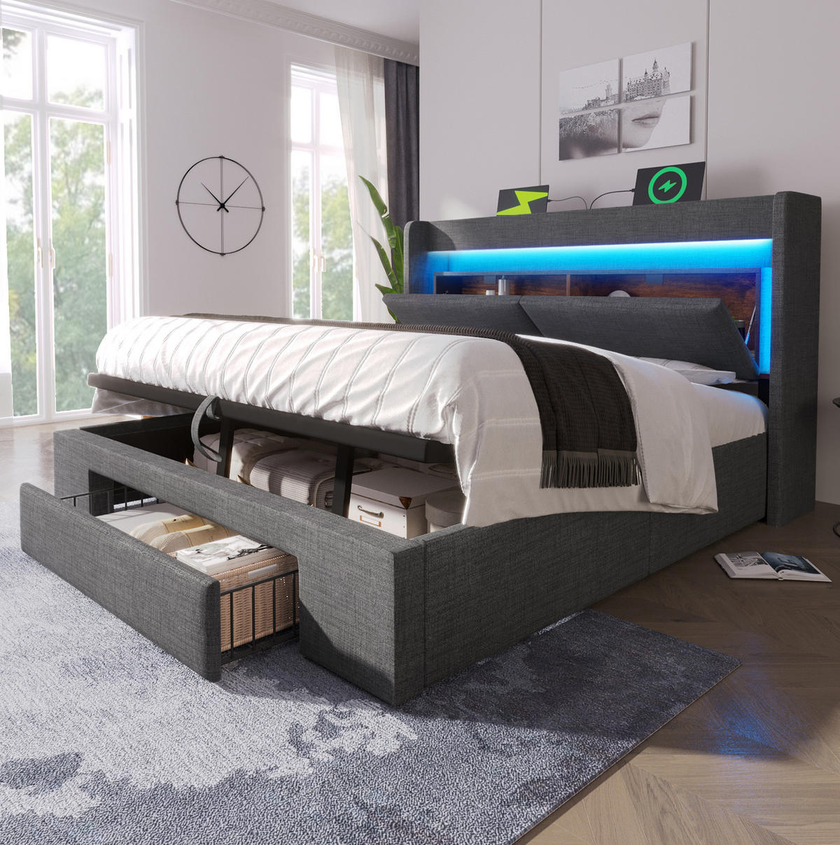 POLSTERBETT mit Stauraum 160x200 cm Leinen Grau mit LED & USB - Grau, Metall (160/200cm) - Meubliv