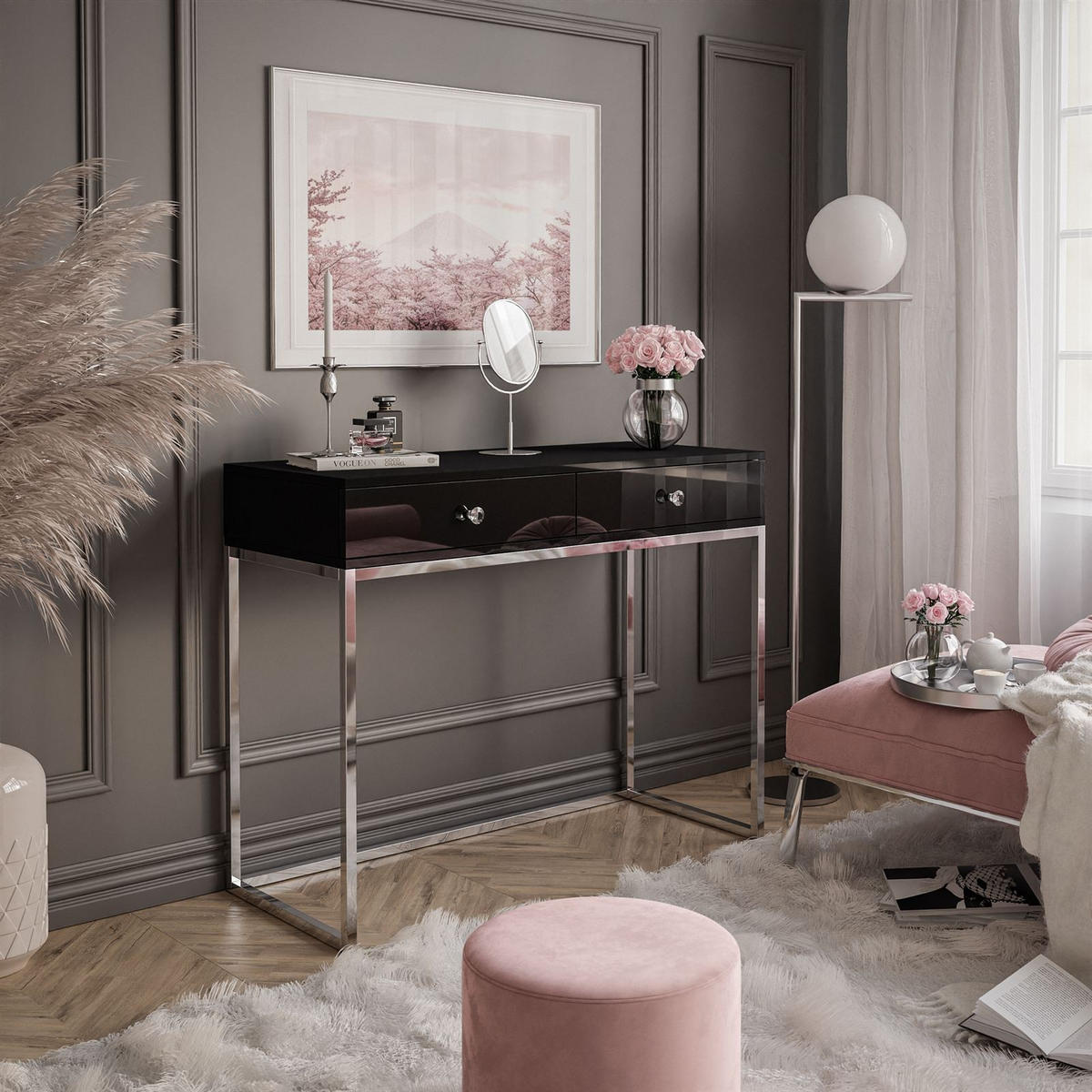 KONSOLE BLANCO GLAMOUR II auf verchromtem Gestell Schwarz Hochglanz Kristallgriff - Schwarz Hochglanz, Holzwerkstoff (42/100/81cm) - Lookway