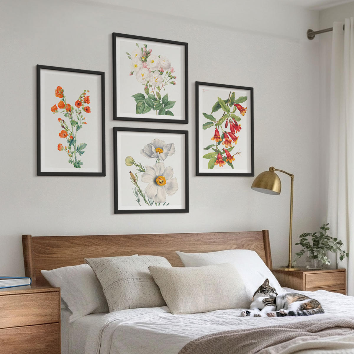 BILDER SET 4er Set - 50x50 cm & 40x60 cm Schwarzer Rahmen - Retro-Blumenmalerei - Schwarz, Kunststoff (50/50cm) - TULUP