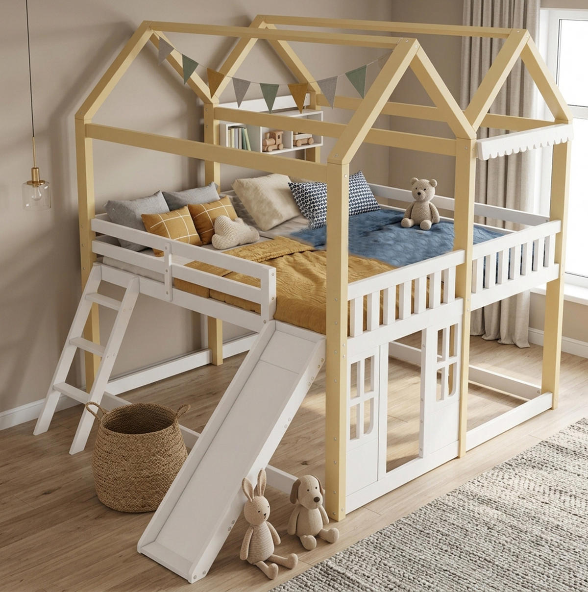 HOCHBETT aus Kiefernholz 90x200 cm Weiß/Natur mit Rutsche und flexibel montierbarer Leiter - Weiß, Holz (90/200cm) - Modfu