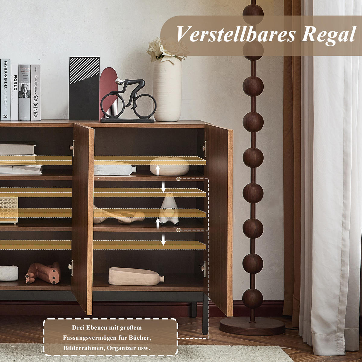 SIDEBOARD mit 2 verstellbaren Regalen und Wellen-Tür-Design - Braun, Holzwerkstoff/Metall (150/80/40cm) - Urban Meuble