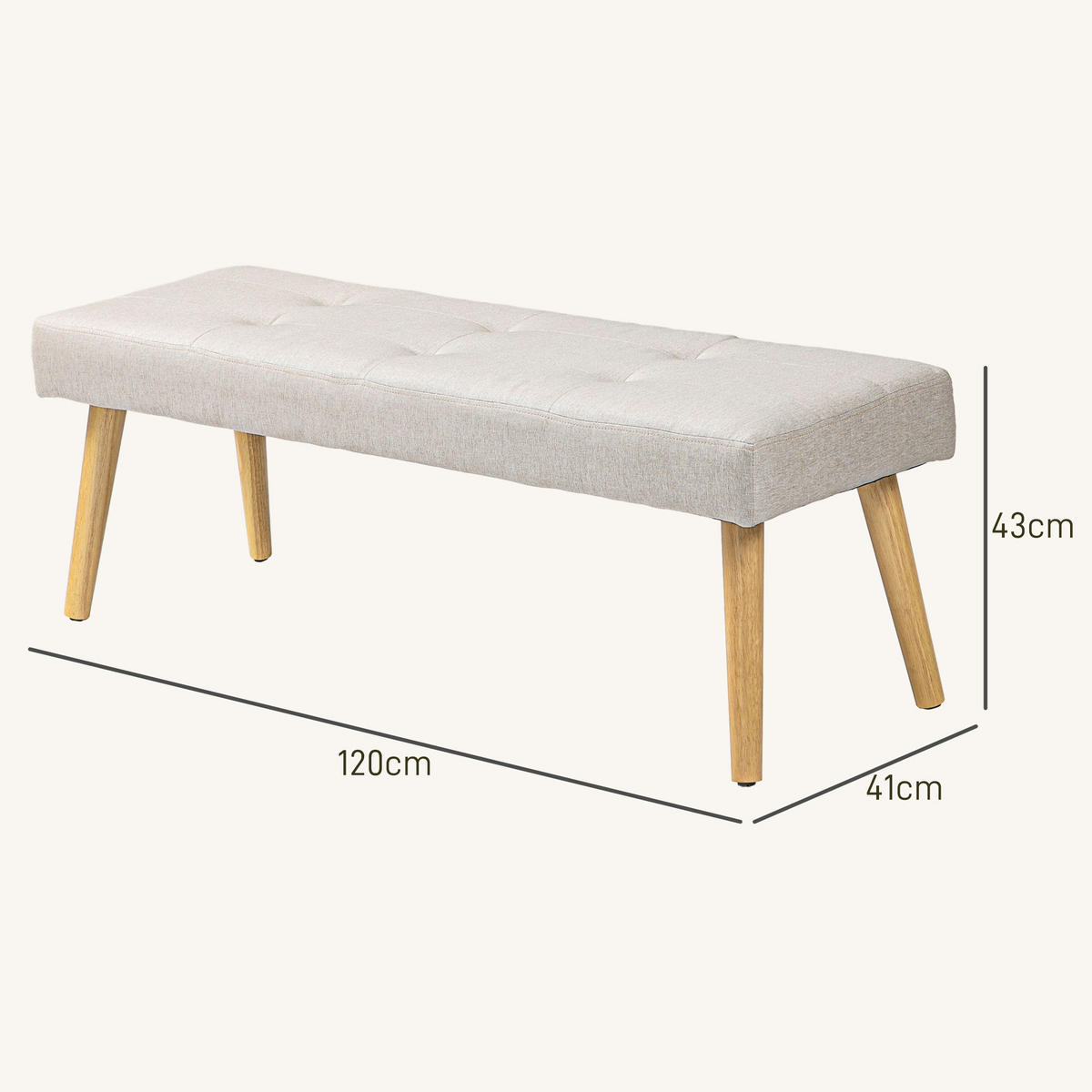 SITZBANK, Polsterbank mit Leinenoptik, Holzbeine 120 x 41 x 43 cm, Creme - Creme, Kunststoff (41/43/120cm) - HOMCOM