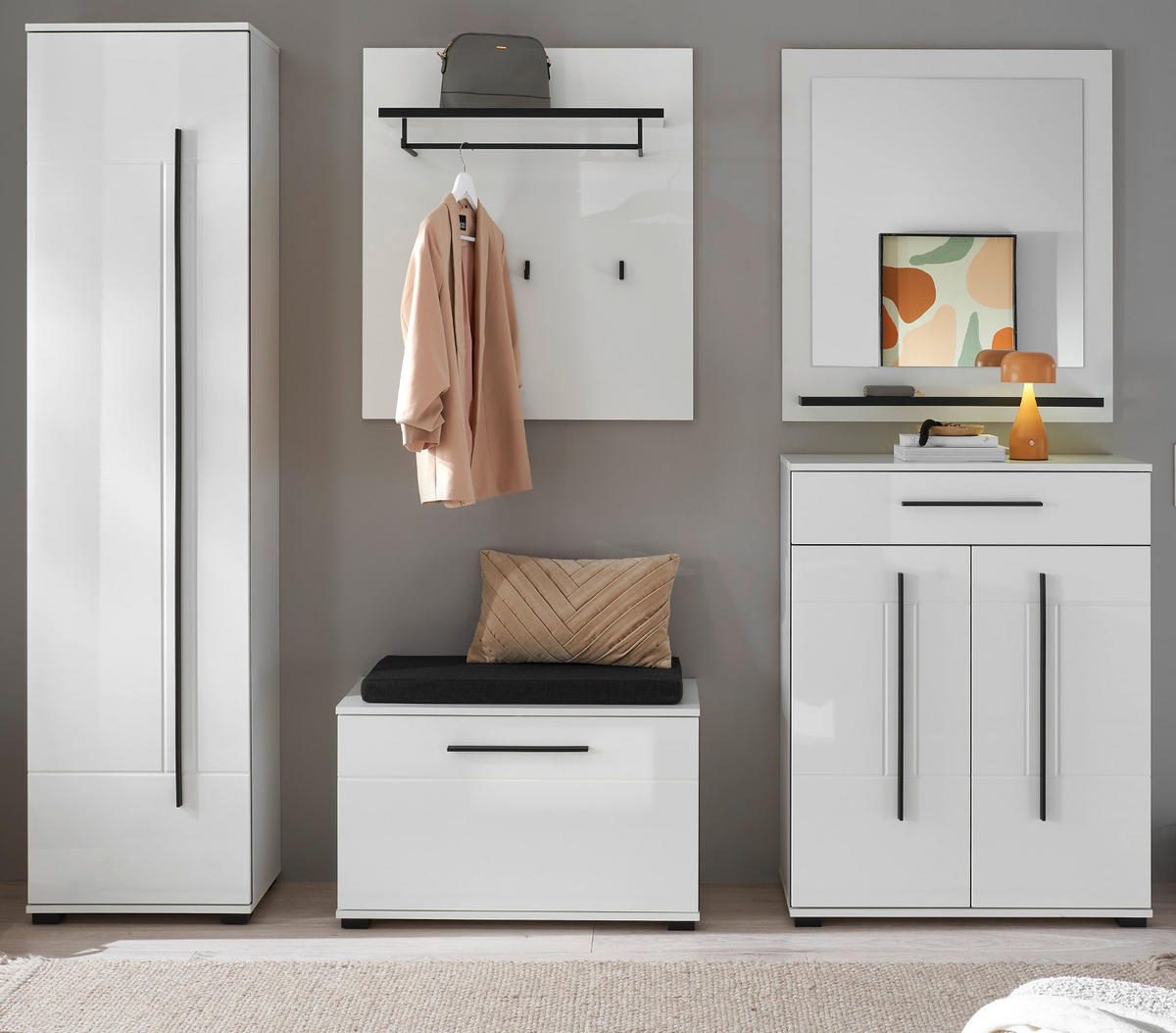 GARDEROBEN-SET weiß Hochglanz 6-teilig 230 cm, Flurgarderobe mit Soft-Close - Weiß Hochglanz/Dunkelgrau, Glas/Holzwerkstoff (230/200/40cm) - Furn.Design