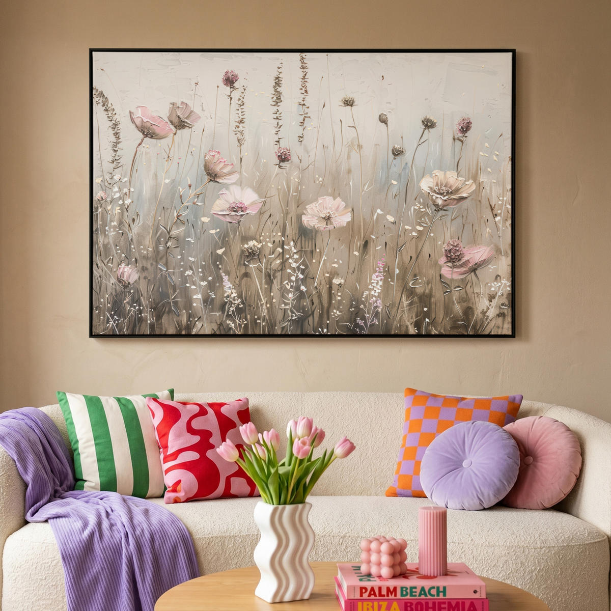 LEINWAND Bilder mit Rahmen - Blumen - Rosa - Modern - Beige - 120x80 - Beige, Textil (120/80cm) - MuchoWow