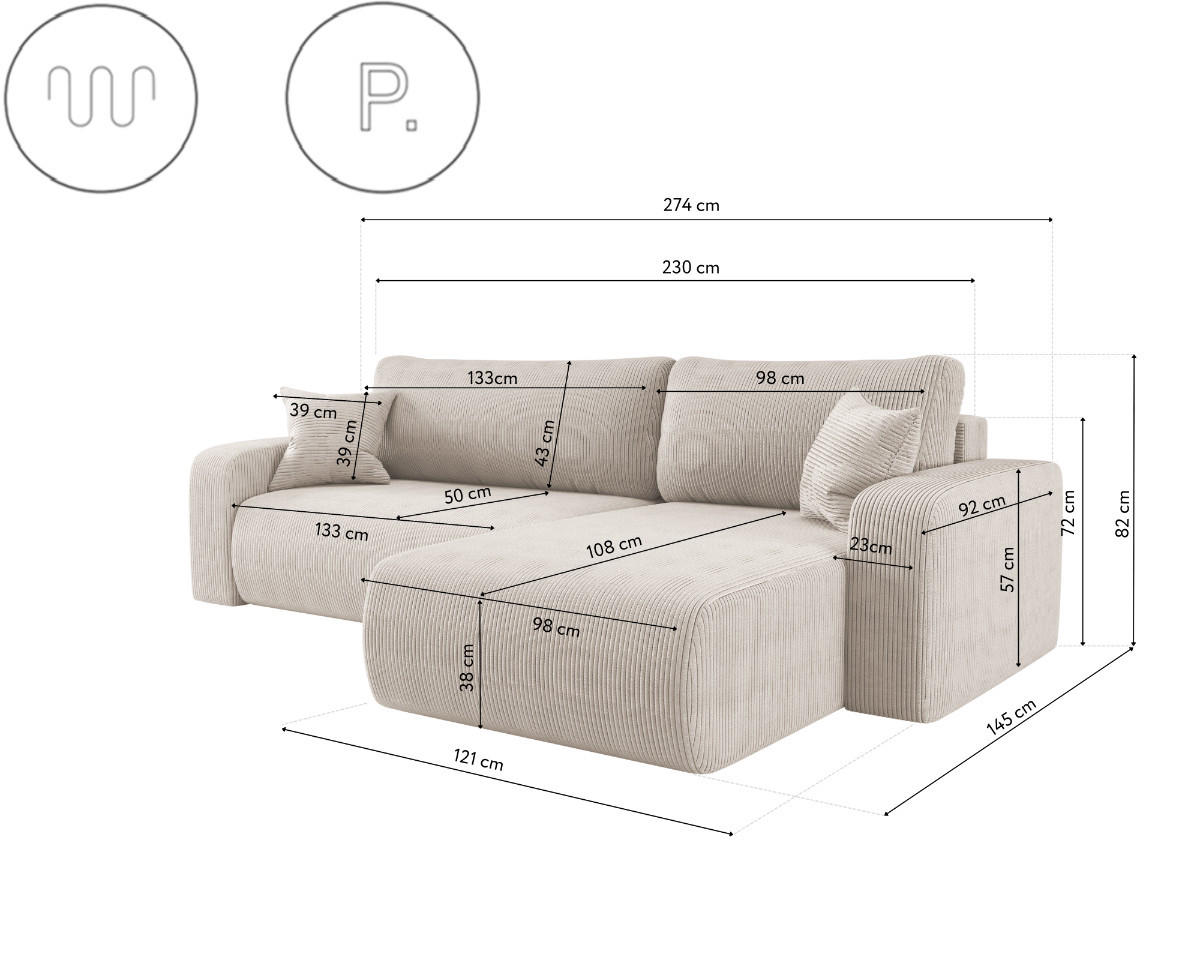 SCHLAFSOFA MILANO XL und bettkasten stoff Poso Dicker Cord Beige Rechts - Beige, Holz (274/82/145cm) - Kaiser Möbel