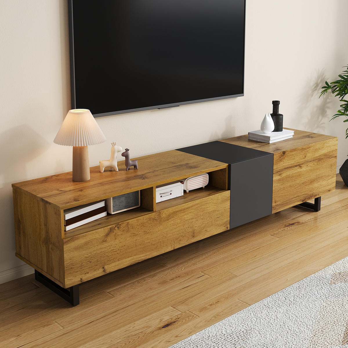 TV-ELEMENT170X36,5X42CM Colorblock-Design 3-Türen Retro-Holzmaserung - Naturfarben, Holz (45.72/21.72/98.43cm) - Raelunyi
