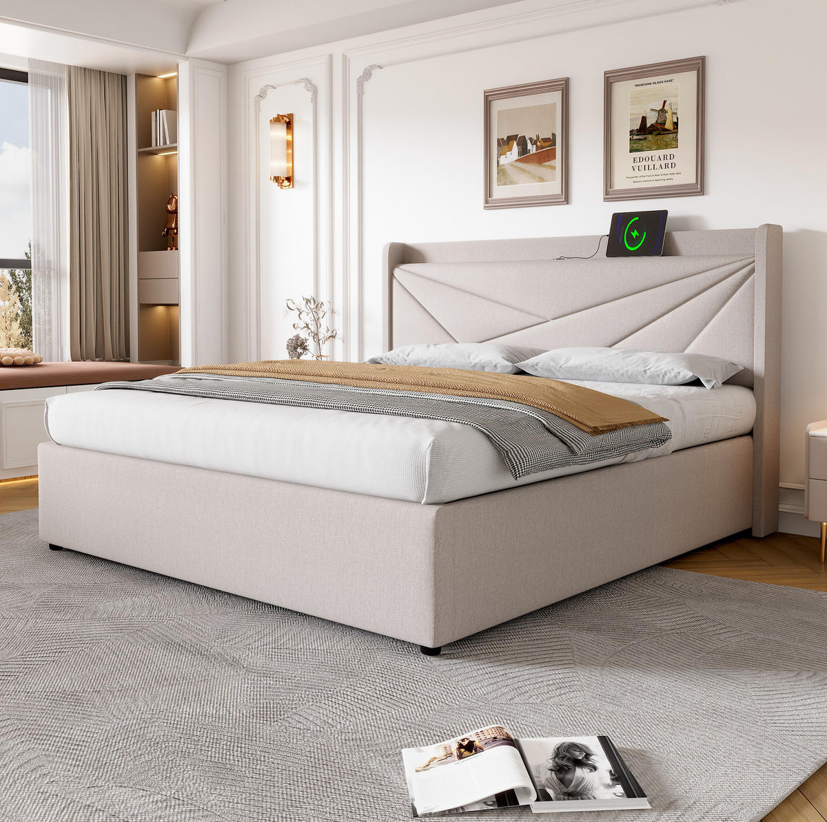 POLSTERBETT aus Baumwoll-Leinen 180x200 cm Beige mit Bettkasten, USB- und USB-C-Anschluss - Beige, Textil (180/200cm) - IVMEU