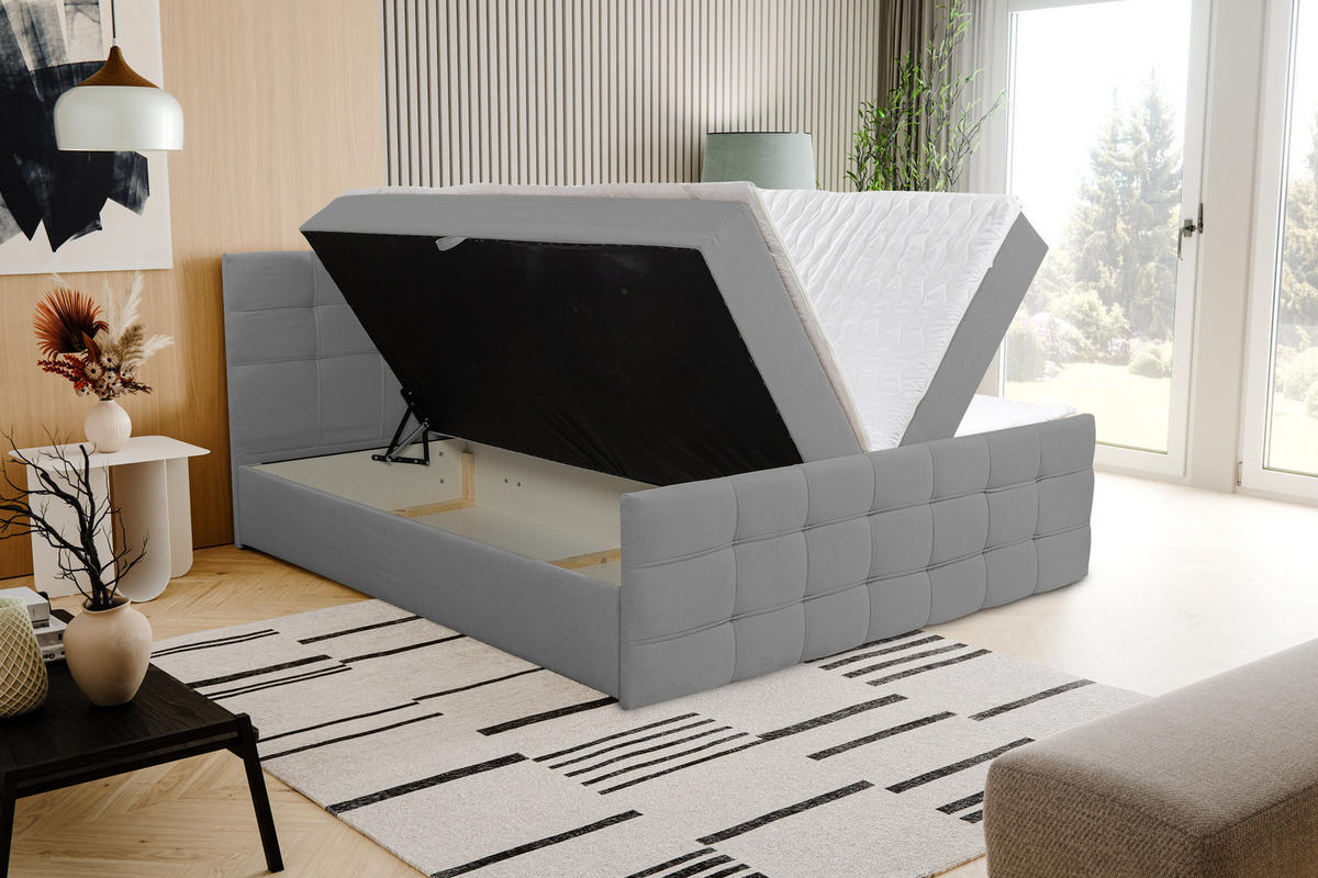 BOXBETT NATALIE mit 2 Bettkästen, 140x200, Farbe: Grau, Velourstoff, mit Bonell-Matratze inkl. Topper - Grau, Holz/Kunststoff (140/200cm) - VENASI MÖBEL