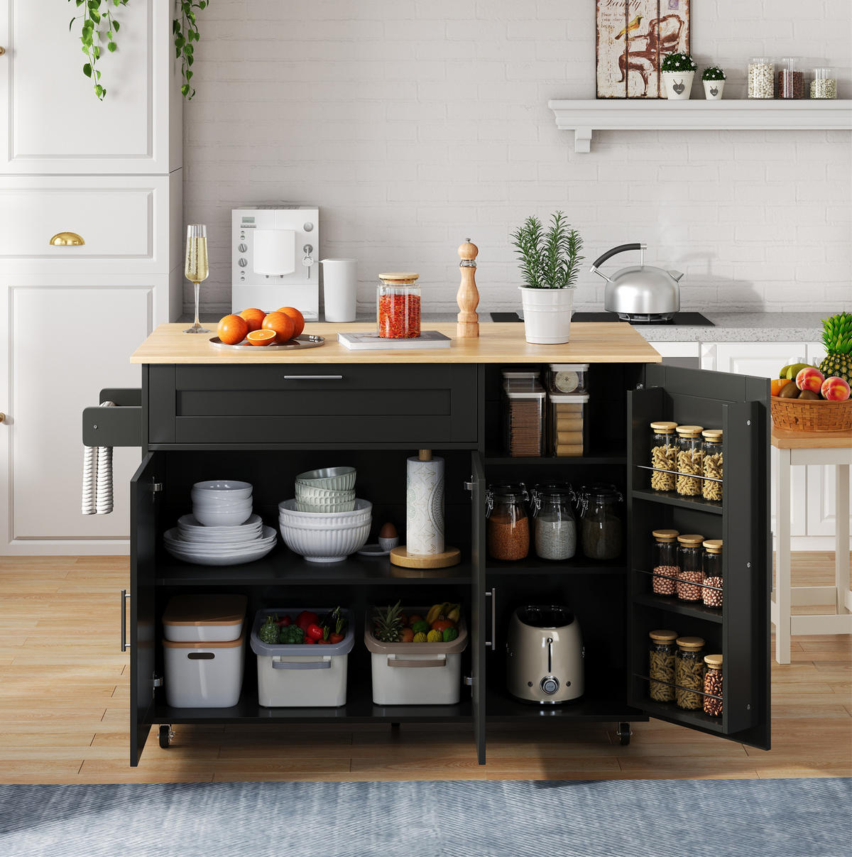 KÜCHENWAGEN mit klappbarer Arbeitsplatte 132,5 x 44(70) x 90 cm Schwarz/Natur - Schwarz, Holz (44/90/132.5cm) - Beauniv