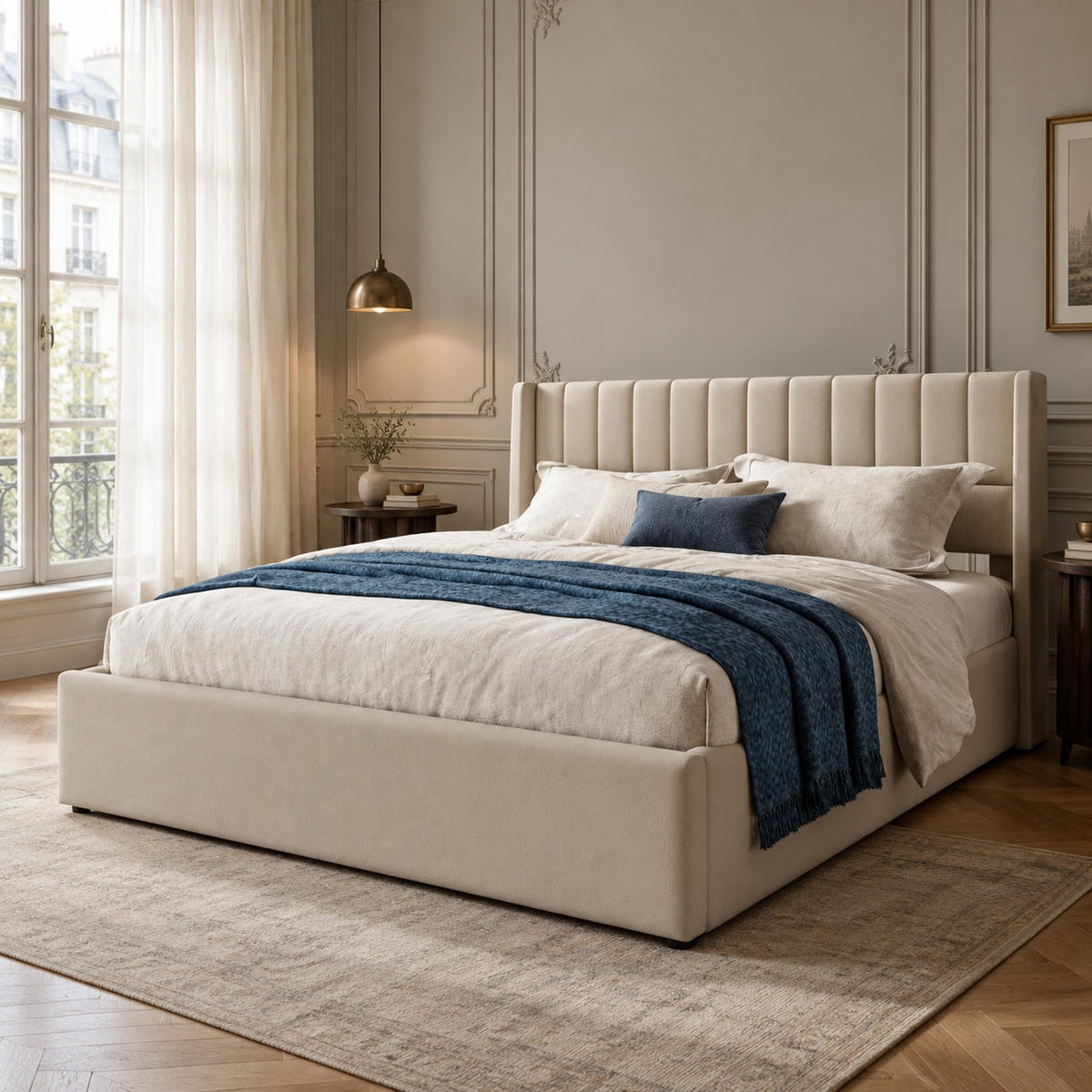POLSTERBETT 160/200 mit hydraulischem Bettkasten, Leinenbezug und gepolstertem Kopfteil in Beige - Beige, Holzwerkstoff/Textil (160/200cm) - EVRYAE