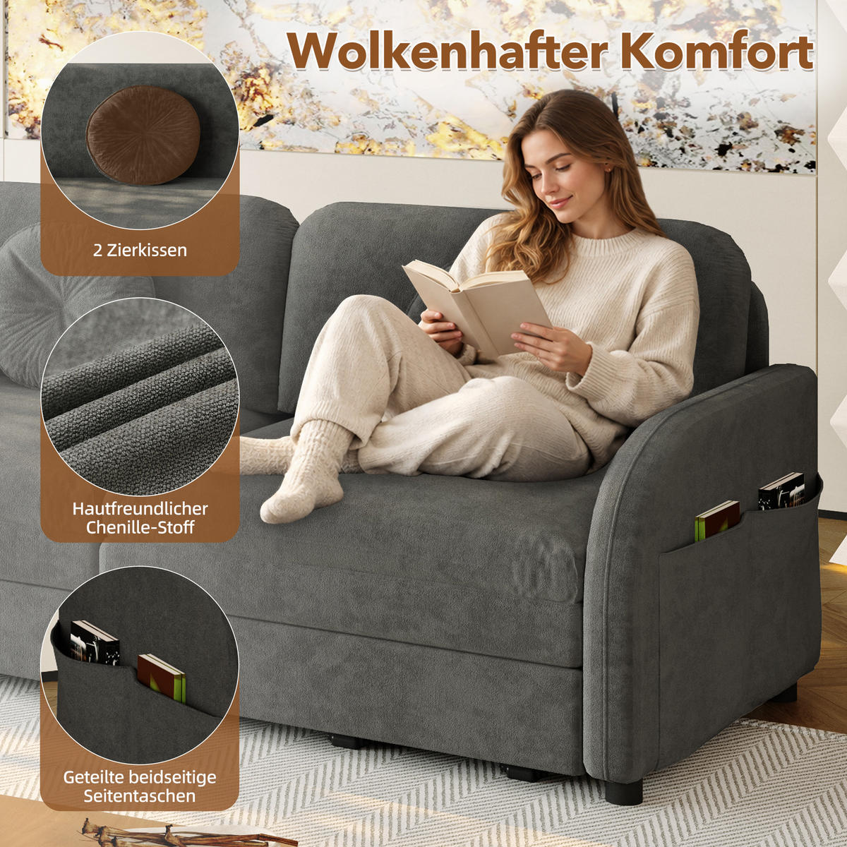 SCHLAFSOFA 166/84/90 cm Grau Chenille mit losen Kissen und Stautaschen an beiden Seiten - Grau, Textil (84/90/166cm) - Oxeza