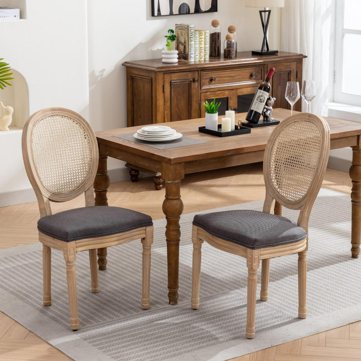 ESSZIMMERSTUHL 2er-Set Französischer Stil Rattan Stoff Gray - Grau, Holz (49/95/59.5cm) - Meubliv