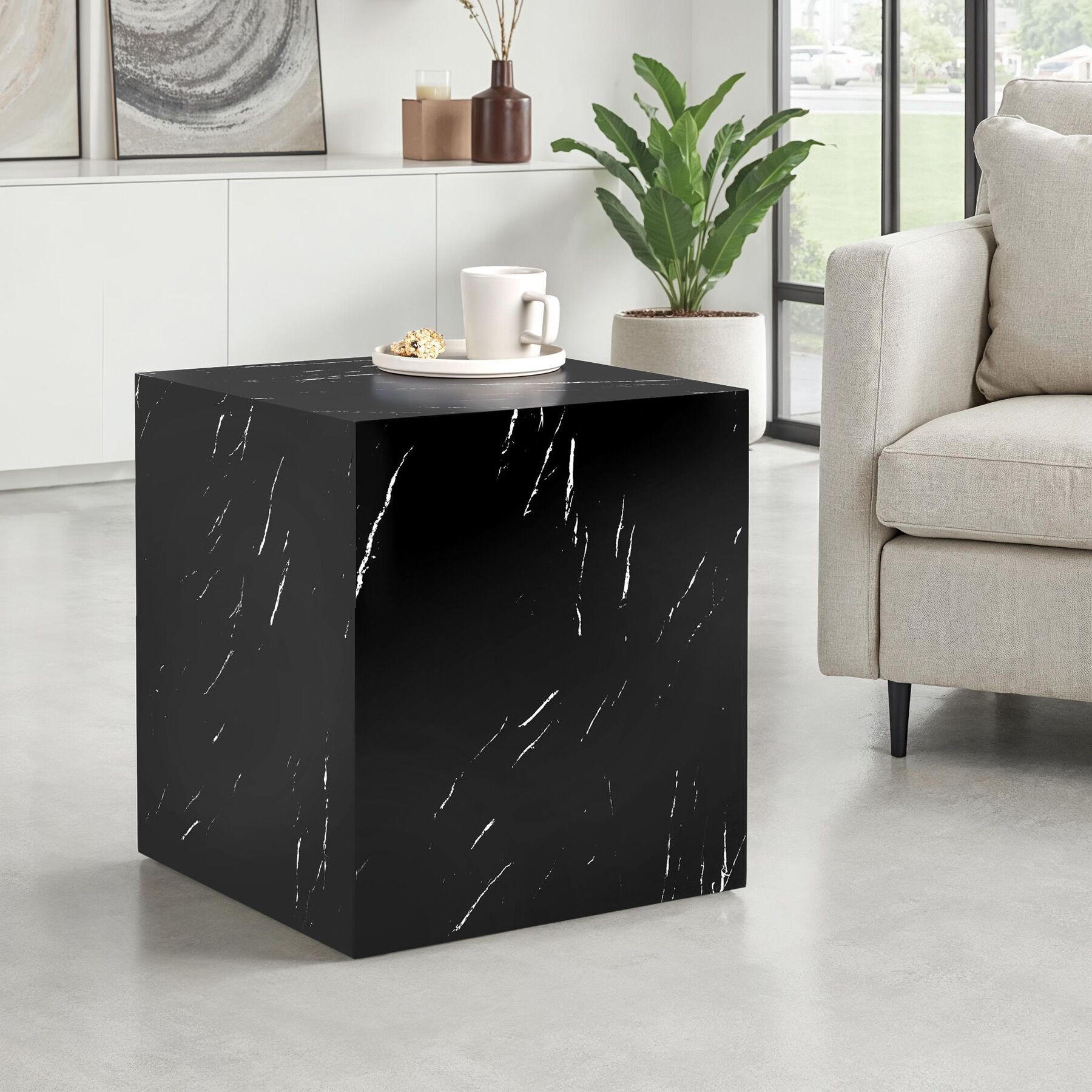 COUCHTISCH Lasley,inkl. Bodenschoner, Belastbarkeit 45 kg,Marmor Optik schwarz - Schwarz, Holz (45/45/50cm) - tectake