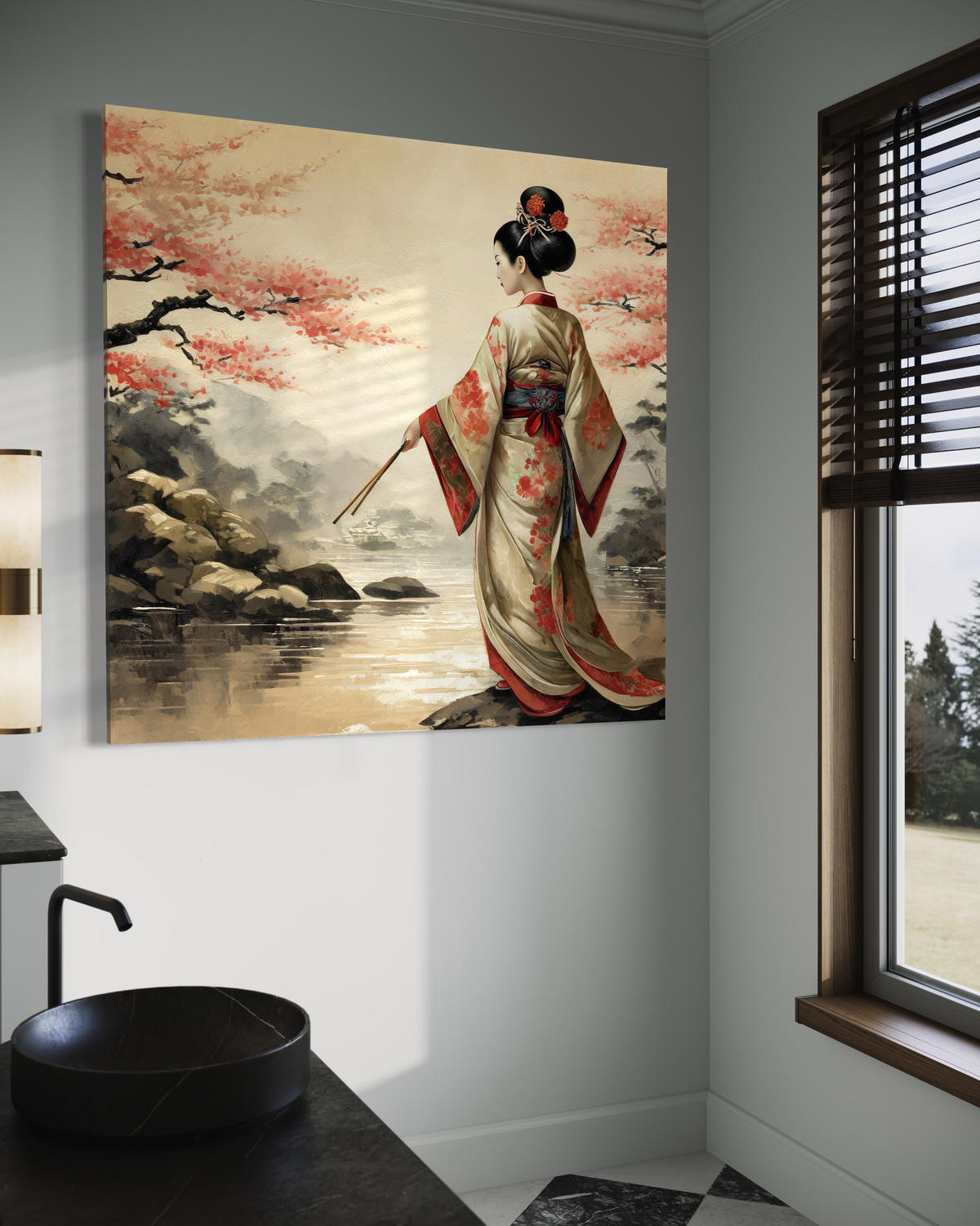 WANDBILD geisha landschaft japan - Beige, Textil (50/50cm) - Feeby