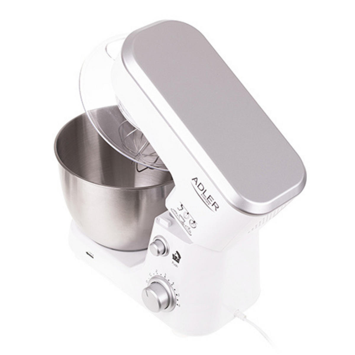 KÜCHENMASCHINE 1000W –AD42- Knet- & Rührmaschine, 4L Edelstahlschüssel, 6 Stufen, Teigzubereiter, Schlagbesen &Knetarm, Knetmaschine Teigmaschine - Silberfarben/Weiß, Kunststoff/Metall (25/35/33cm) - Adler