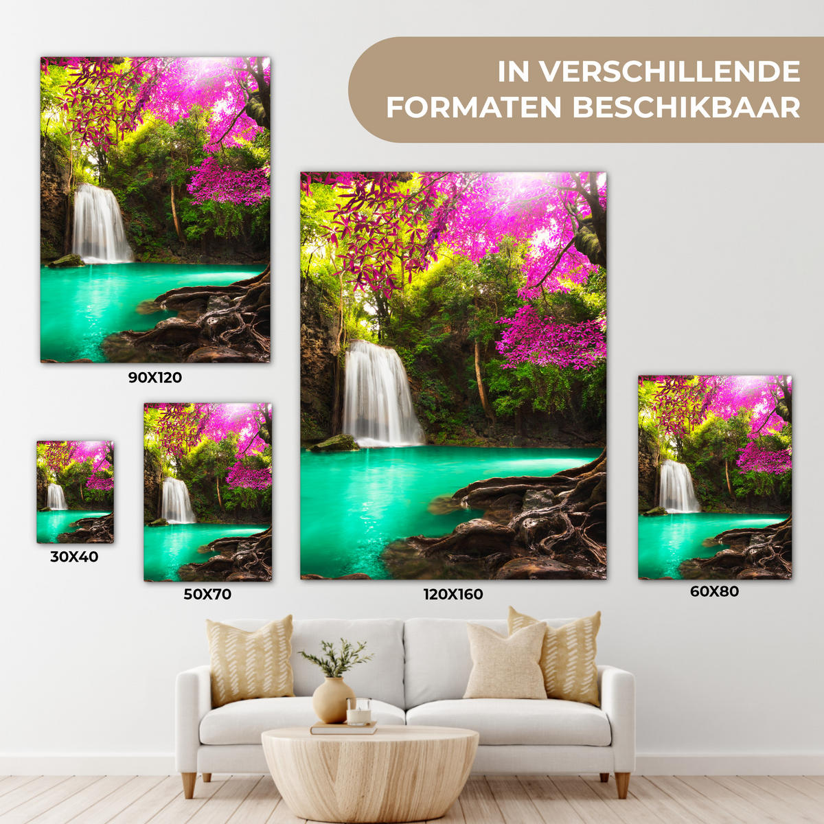 LEINWANDBILD Wasserfall mit bunten Blumen und Bäumen - Natur - Dschungel Wandbild Wohnzimmer 60x80 cm - Waldgrün, Textil (60/80cm) - MuchoWow