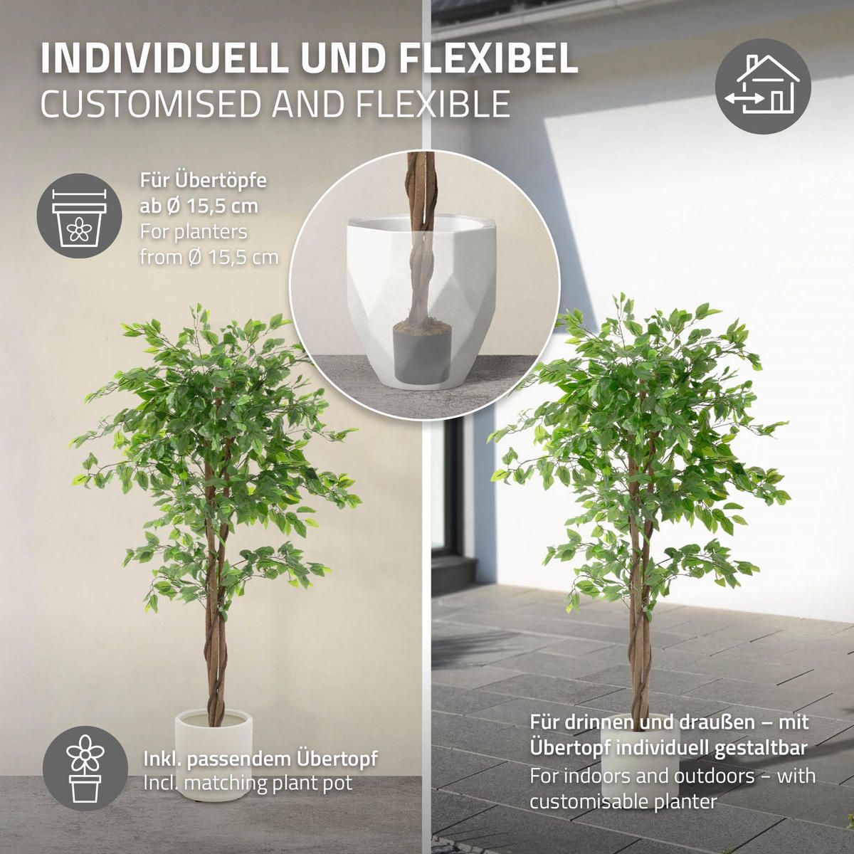 KUNSTPFLANZE Ficus 150 cm mit Naturholzstamm für Innen/Außen - Schwarz/Grün, Kunststoff/Textil (150cm) - ML-DESIGN