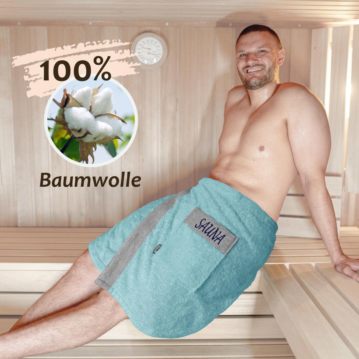 SAUNAKILT Herren Pastellblau, Lima Saunahandtuch mit Klettverschluss - Dunkelblau, Textil (140/55cm) - Lashuma