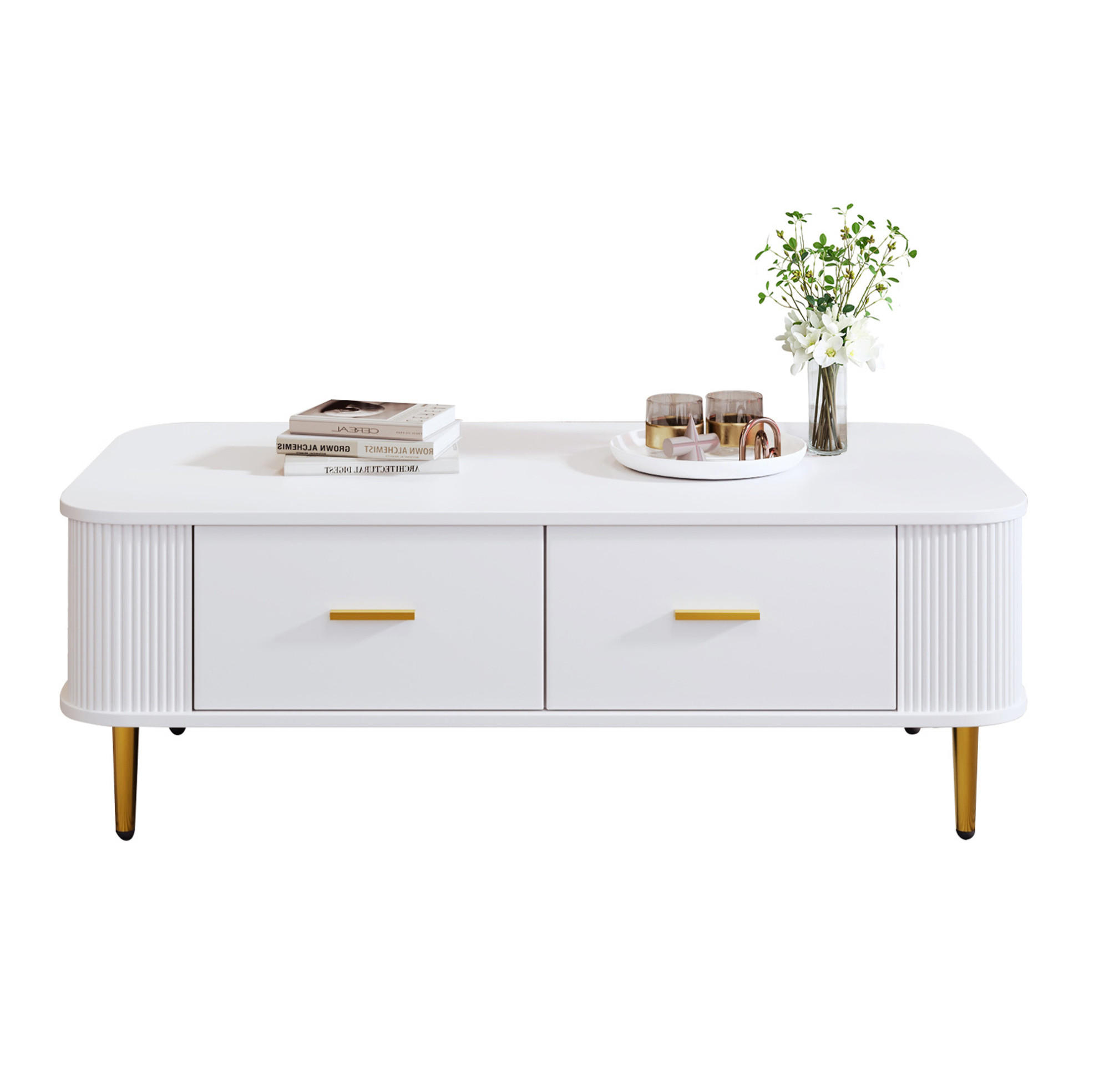 Modfu KONFERENČNÍ stolek z MDF 105x51x38 cm bílý se 4 zásuvkami, zaoblenou deskou a vlnitými bočnicemi