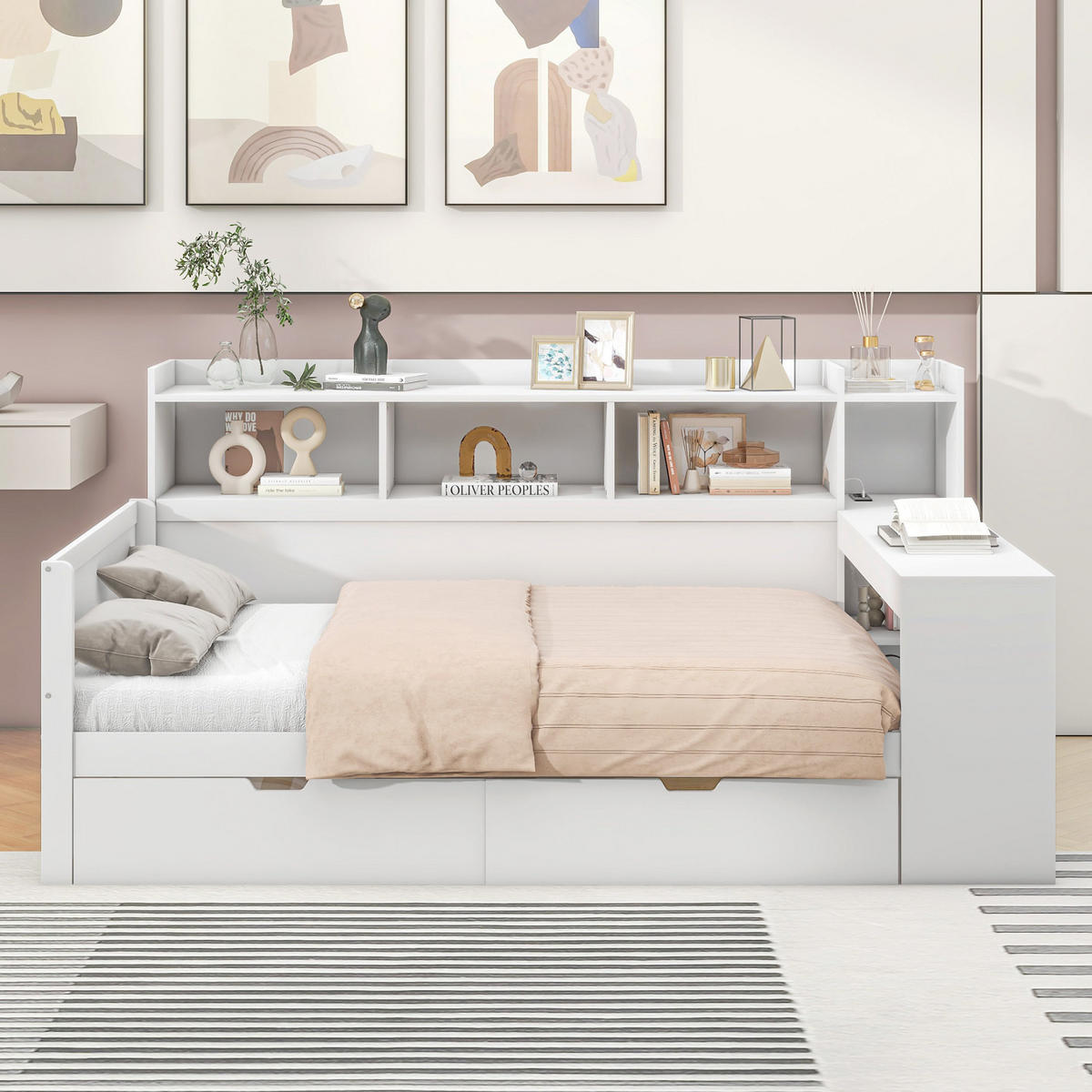 BETT 90/200 cm mit Nachttischablage und USB-Anschluss in Weiß - Weiß, Holzwerkstoff (90/200cm) - OKWISH