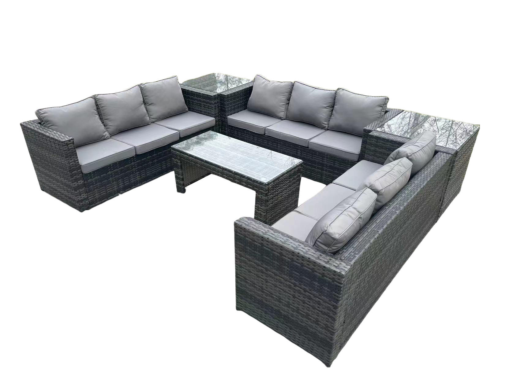 LOUNGESOFA Polyrattan 9-Sitzer - Dunkelgrau/Grau, Glas/Kunststoff - Fimous