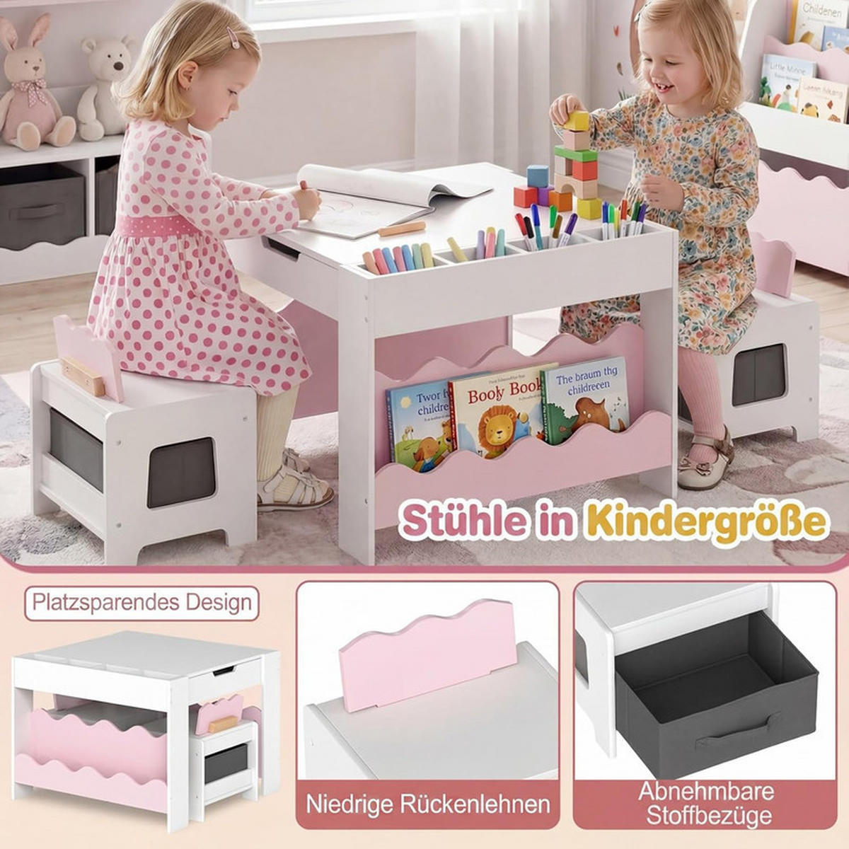 KINDERTISCH mit Stuhl rosa(3-tlg) - Pink, Holzwerkstoff (66/48/64cm) - COSTWAY