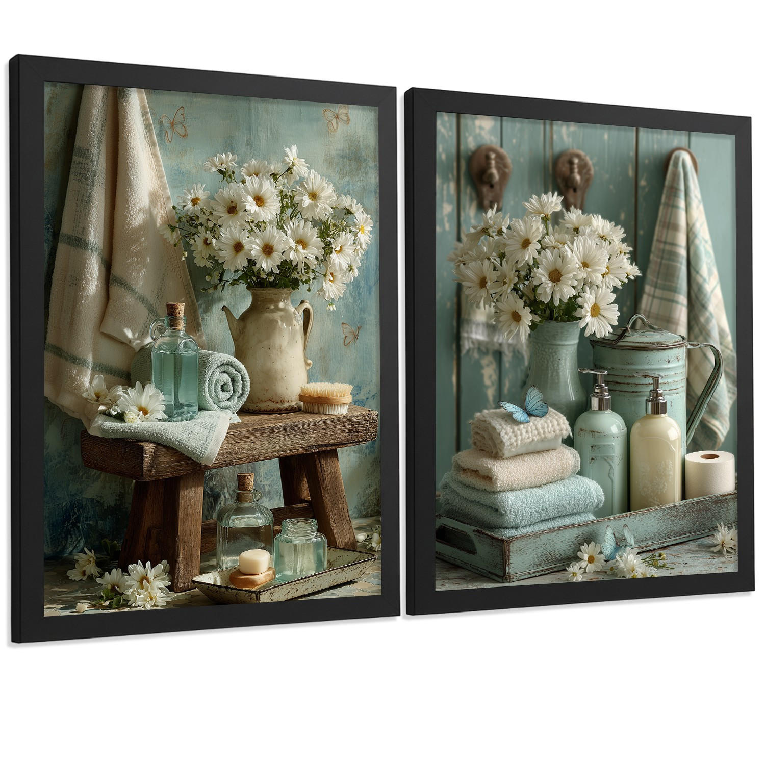 POSTER Set mit 2 dekorativen Badezimmer-Drucken, Shabby Chic Blumenposter für Wand, Waschbecken, romantische Dekoration mit Blumen Schwarzer Rahmen A4 - Schwarz, Papier (29.7/21/3cm) - Nacnic