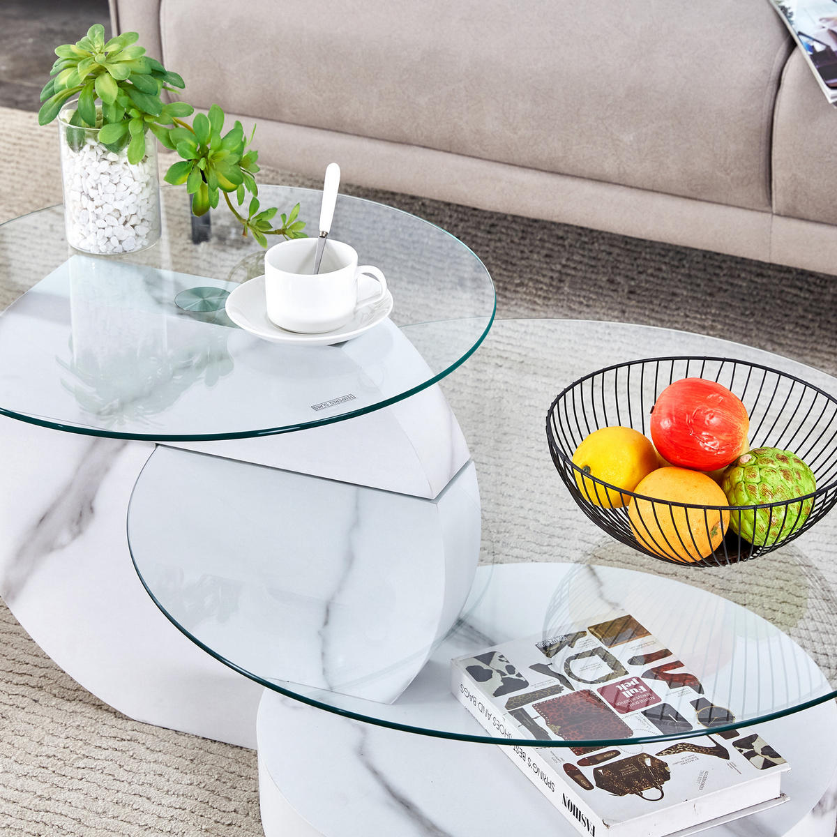 COUCHTISCH 70/90/44 cm Transparent Weiß in Marmoroptik mit Sicherheitsglas und Ablage - Weiß, Holzwerkstoff (90/70/44cm) - OKWISH