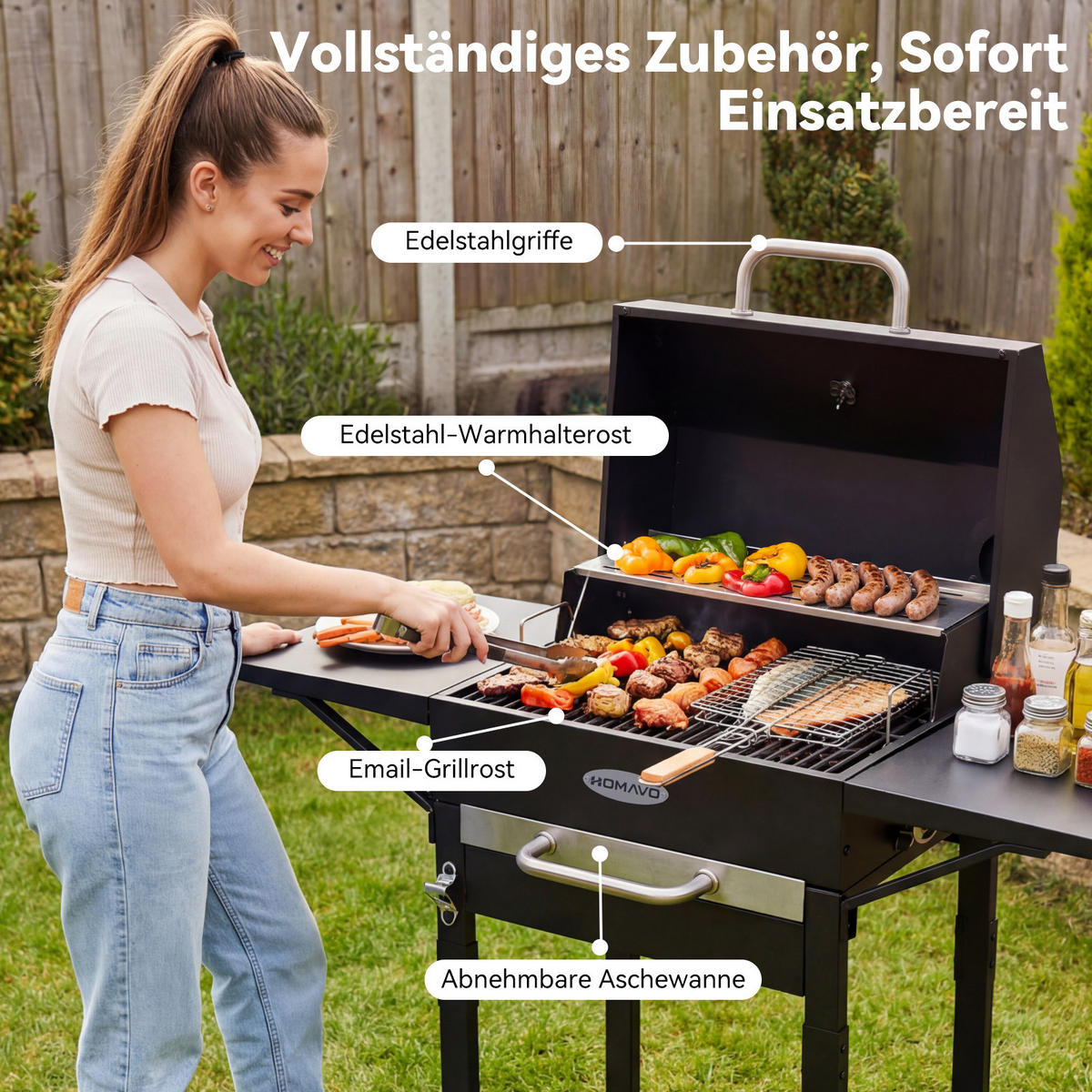 HOLZKOHLEGRILL - Schwarz, Metall (44/106/107cm) - HOMAVO