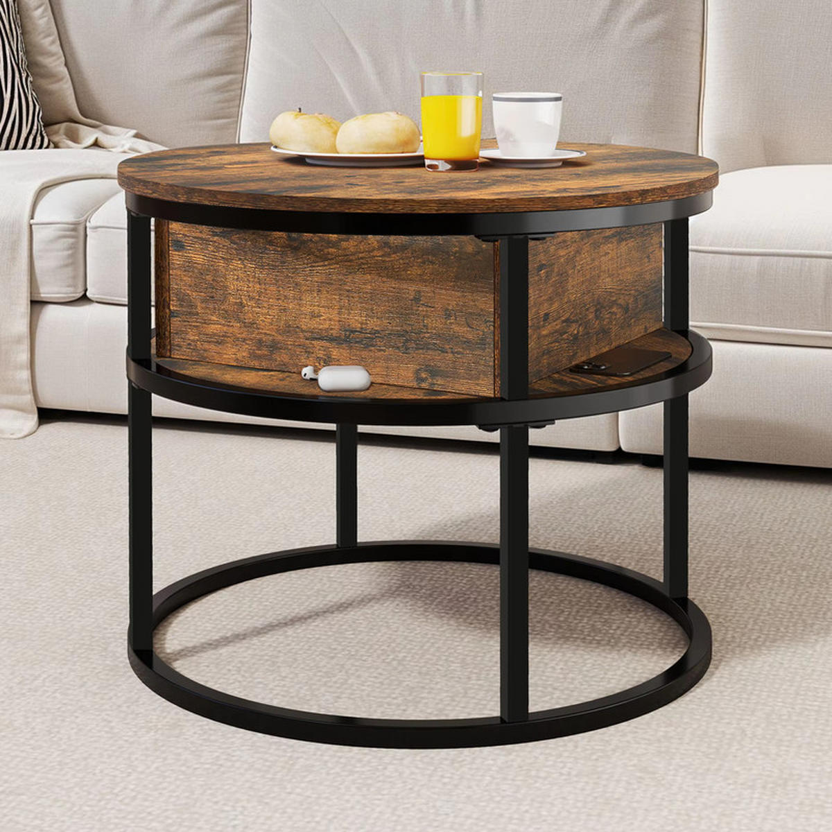 COUCHTISCH rund Höhenverstellbar 60x60x47 cm versteckter Stauraum - Braun, Holz (60/60/62.5cm) - Kaket