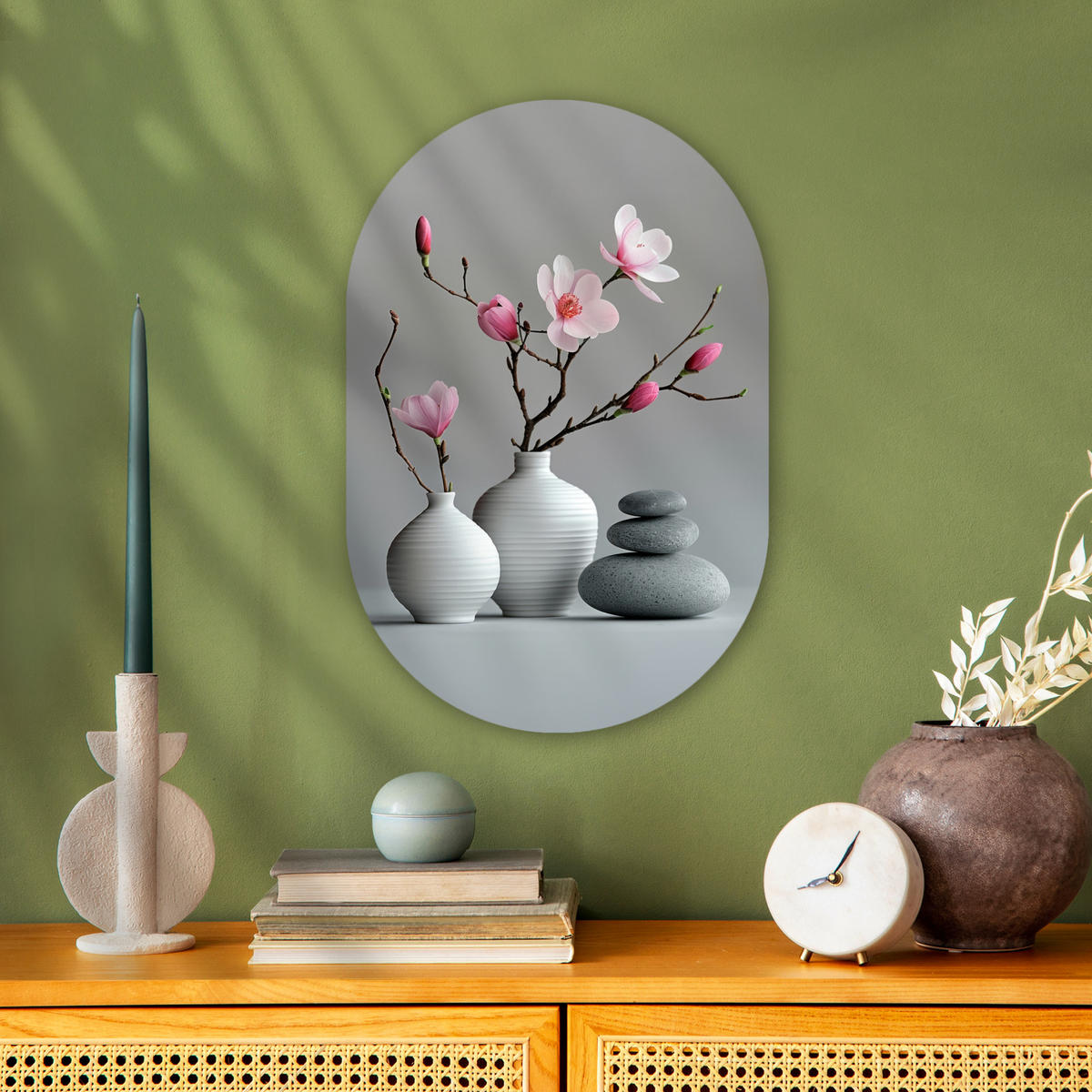 WANDBILD Magnolie - Blumen - Rosa - Zen-Steine 40x60 cm - Hellgrau, Kunststoff (40/60cm) - MuchoWow