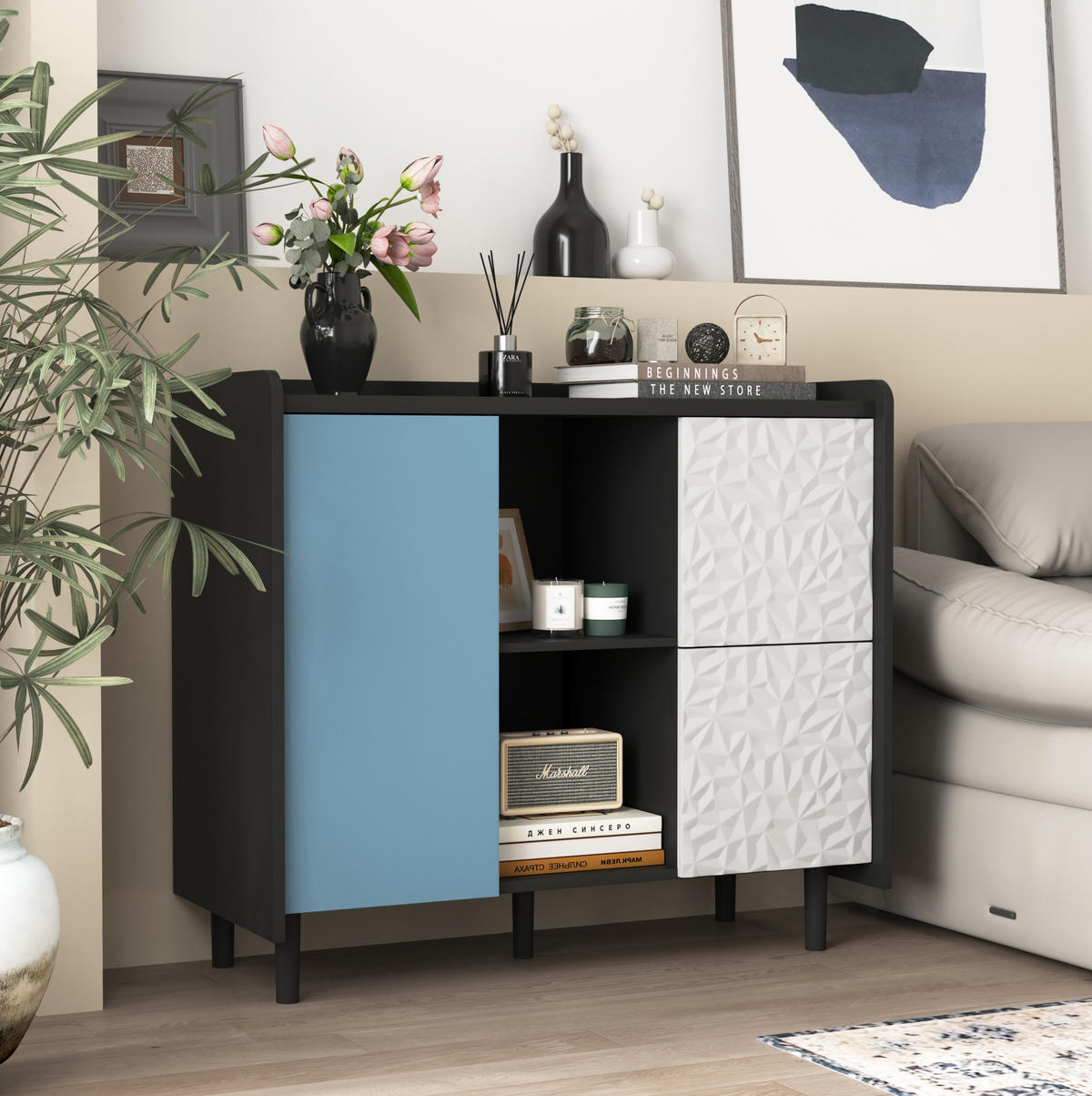 SIDEBOARD aus MDF 40x90x80 cm Schwarz/Blau mit 2 Schubladen, offenem Stauraum und Schrankfach - Schwarz, Holzwerkstoff (90/80/40cm) - Modfu