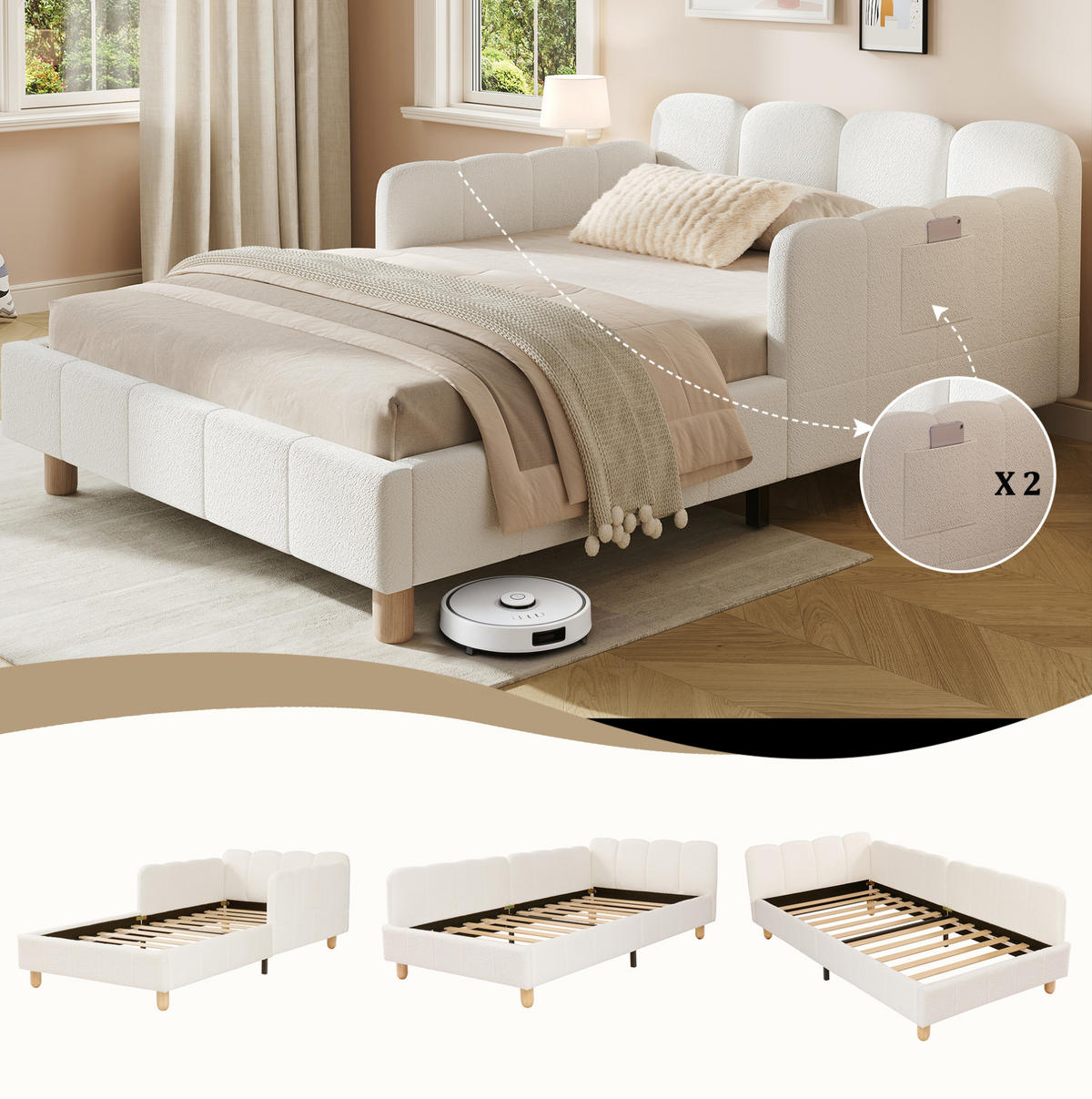 KINDERBETT 140/190 cm mit Sicherheitsbarriere, verstellbaren Seitenlehnen und Stauraumtaschen, Samt, Beige - Beige, Textil (140/190cm) - Redom