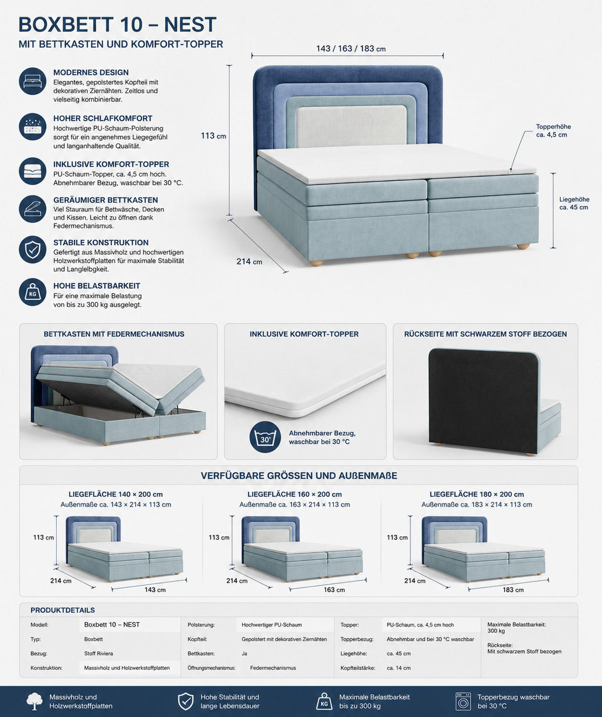 BOXBETT - Bett 10 NEST - Riviera - 140x200 cm - Modernes Polsterbett mit Bettkasten - Grün, Holz (140/200cm) - ROYAL24_MARKT