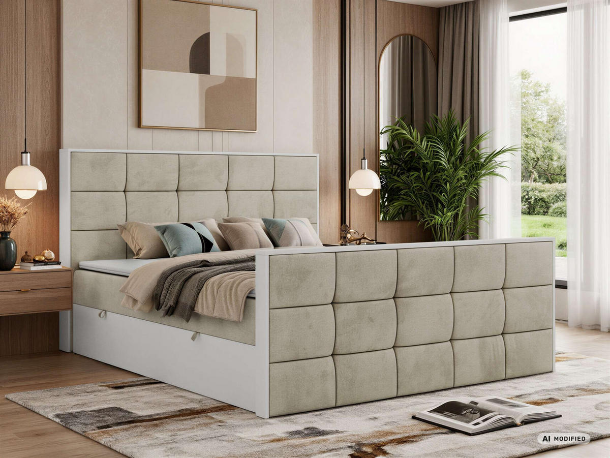 BOXBETT ALVIT DUO 160/200 - Beige Velvet - Topper Visco - H4 - Beige/Schwarz, Kunststoff/Textil (160/200cm) - MKS