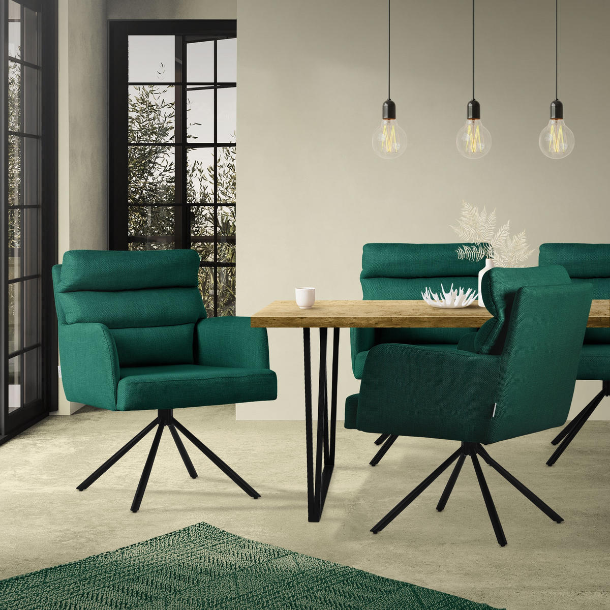 ESSZIMMERSTUHL 4er Set drehbar Dunkelgrün Stoffbezug - Dunkelgrün/Schwarz, Textil/Metall (64.5/93/64cm) - ML-DESIGN