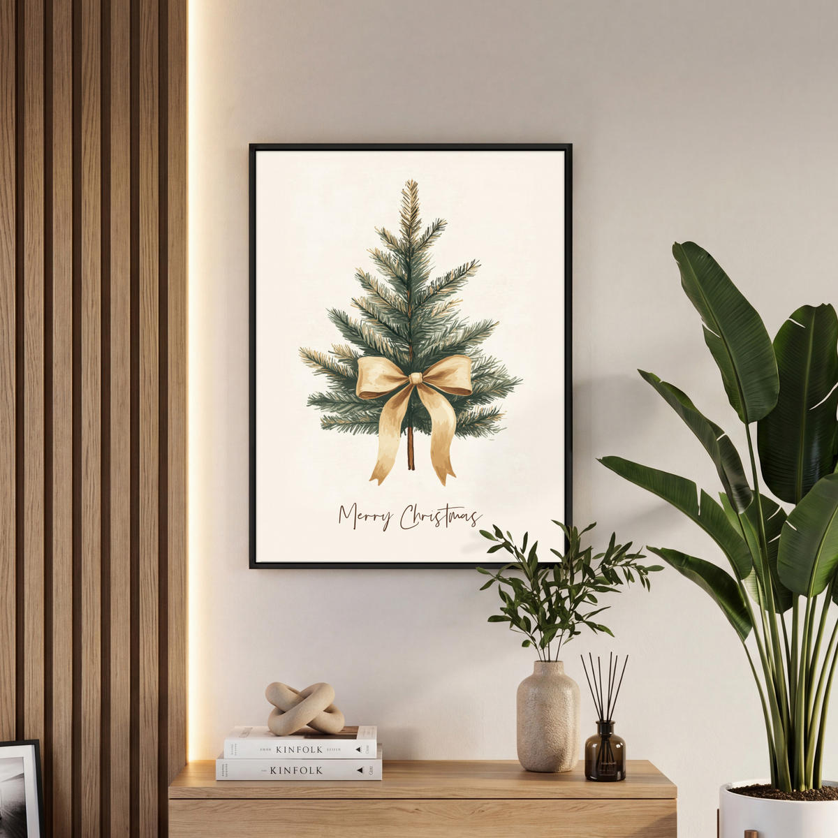 LEINWAND Bilder mit Rahmen - Weihnachtsbaum - Weihnachten - Frohe Weihnachten - Beige - 60x80 - Sandfarben, Textil (60/80cm) - MuchoWow
