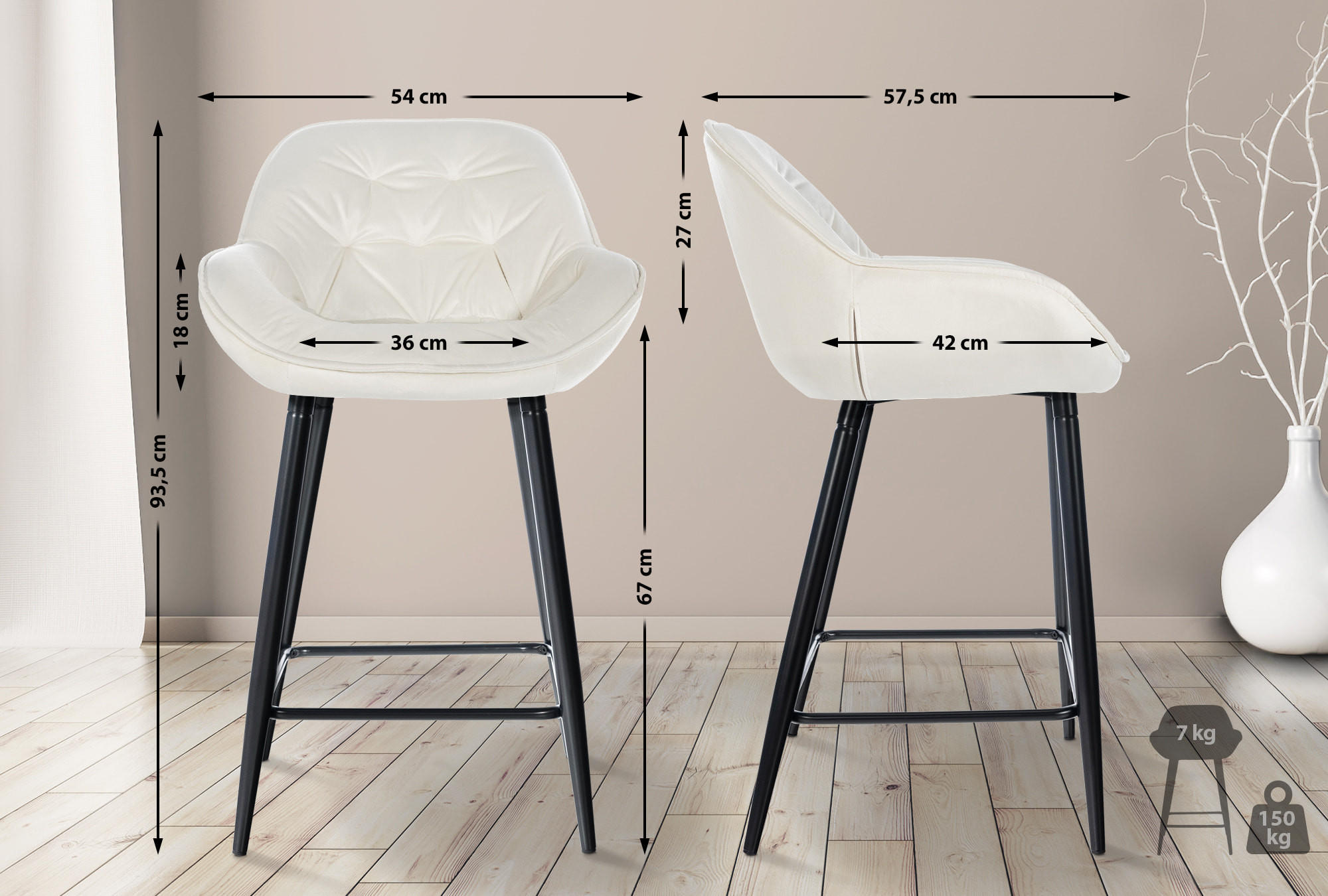 BARHOCKER Samt creme - Creme, Textil/Metall (54/93.5/57.5cm) - CLP