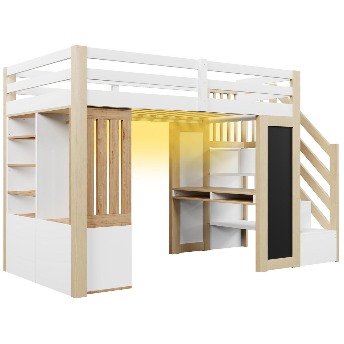 HOCHBETT 90/200 cm in Weiß & Natur mit Schreibtisch, Kleiderschrank und LED - Weiß/Naturfarben, Holz/Holzwerkstoff (90/200cm) - WISHDOR